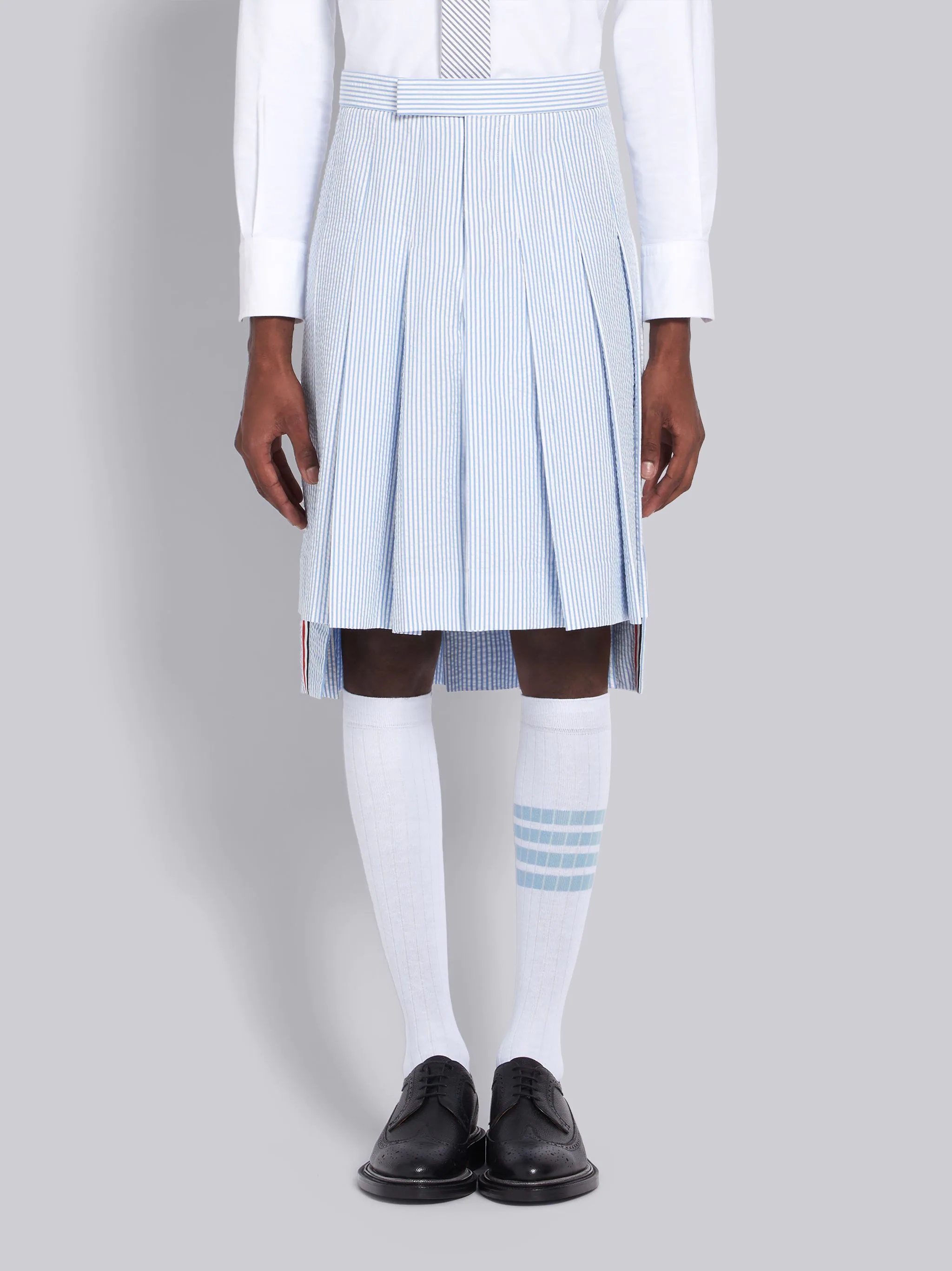 Blue Seersucker Striped Knee Length Pleated Skirt - 1
