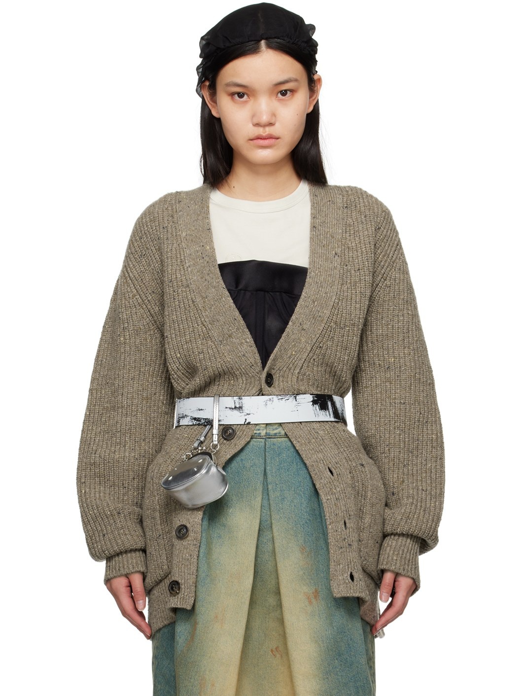 Brown Y-Neck Cardigan - 1