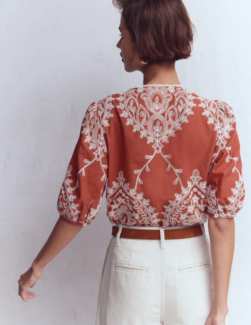 Leah Short Sleeve Interest Top-Red Floral Embroidery 4