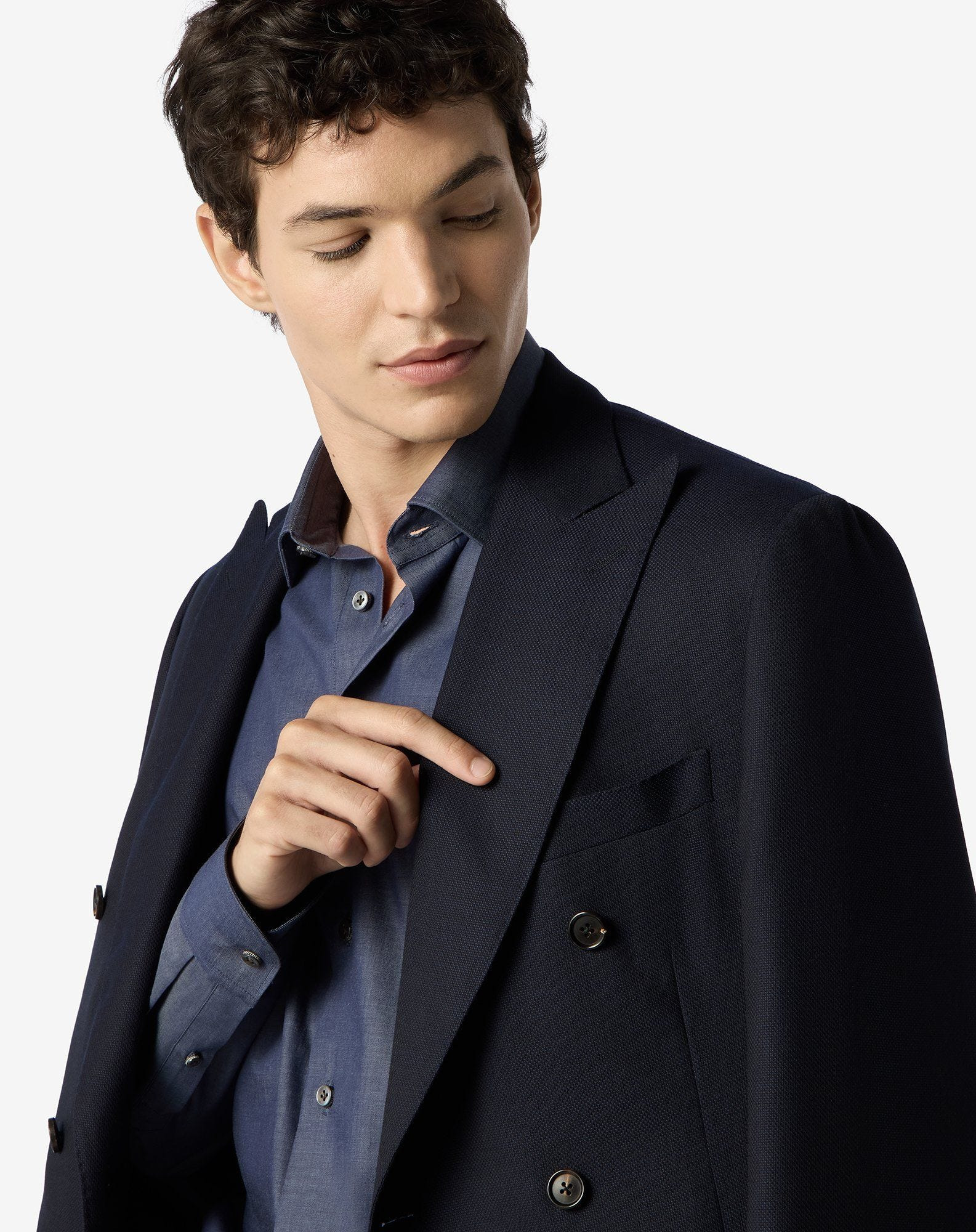 China blue double-breasted pure wool hopsack jacket - 4
