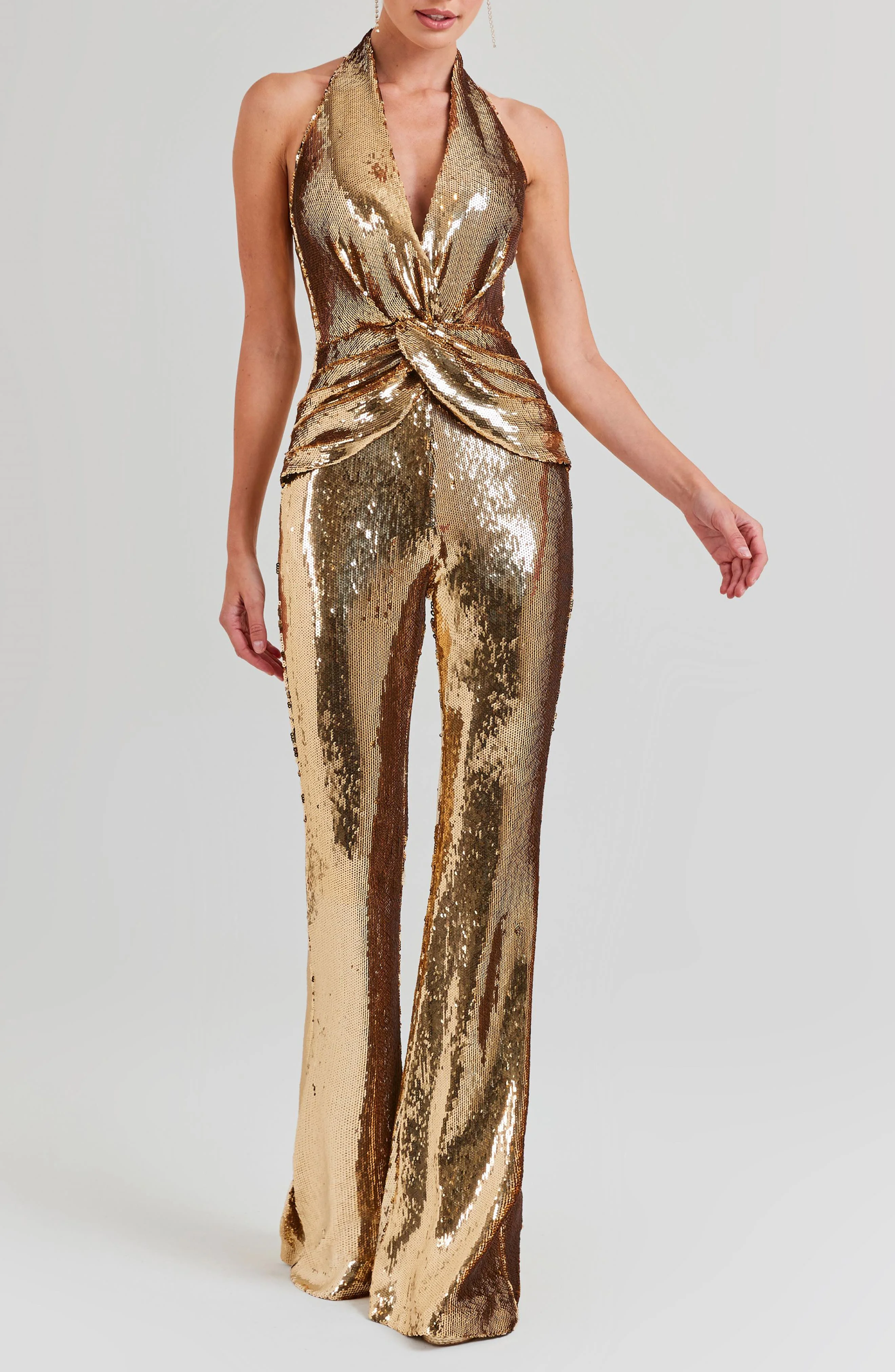 NADINE MERABI Tianna Sequin Halter Flare Jumpsuit in Gold at Nordstrom - 1