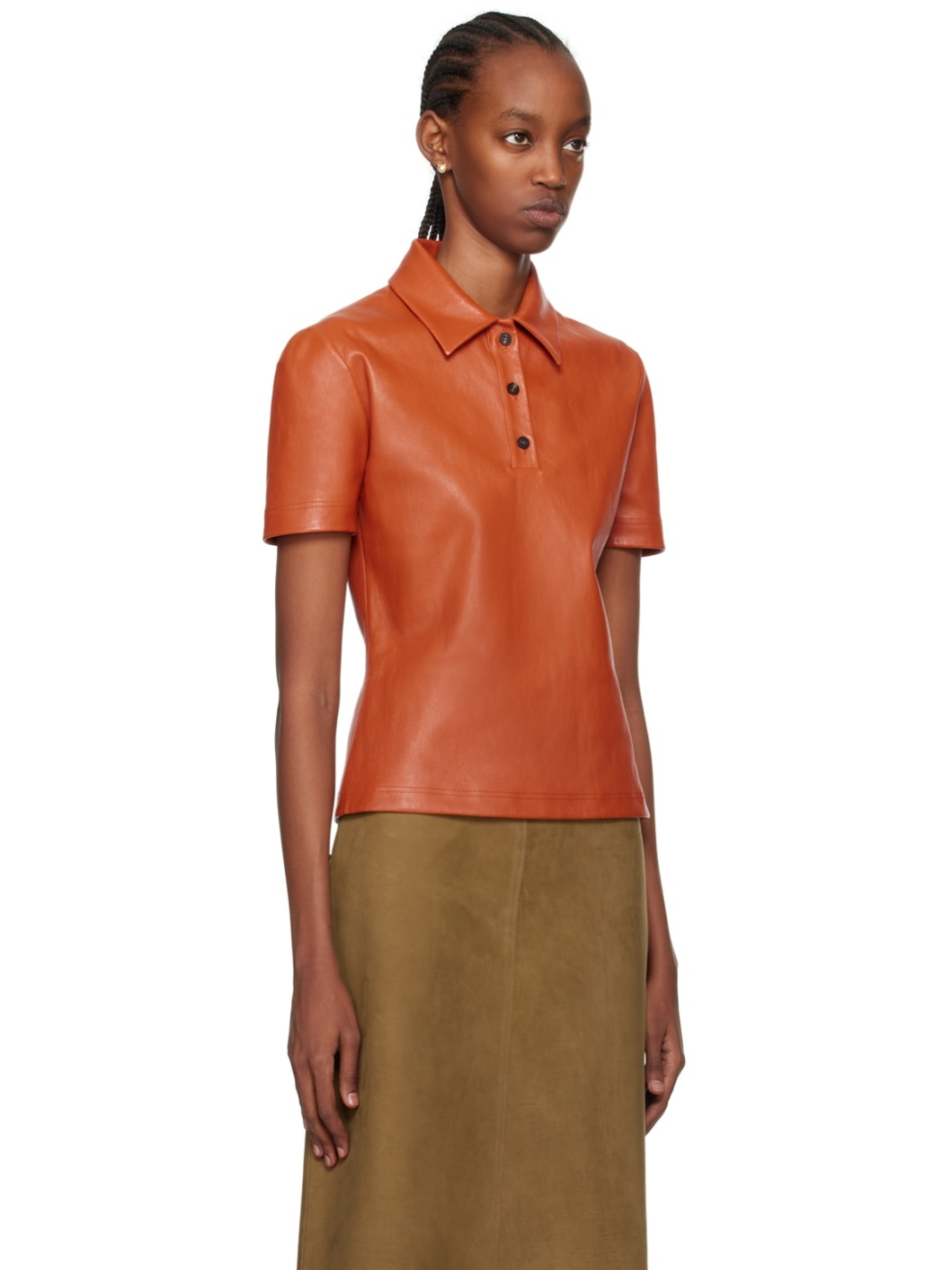 Orange Spread Collar Leather Polo - 2