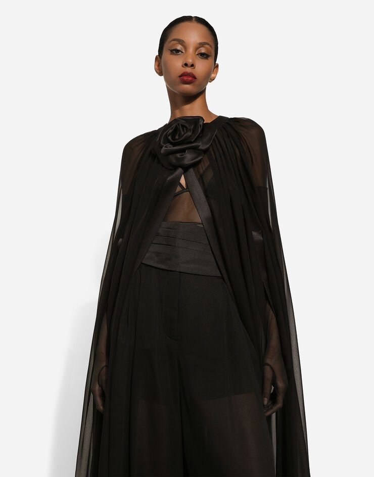 Silk chiffon cape with flower appliqué - 5