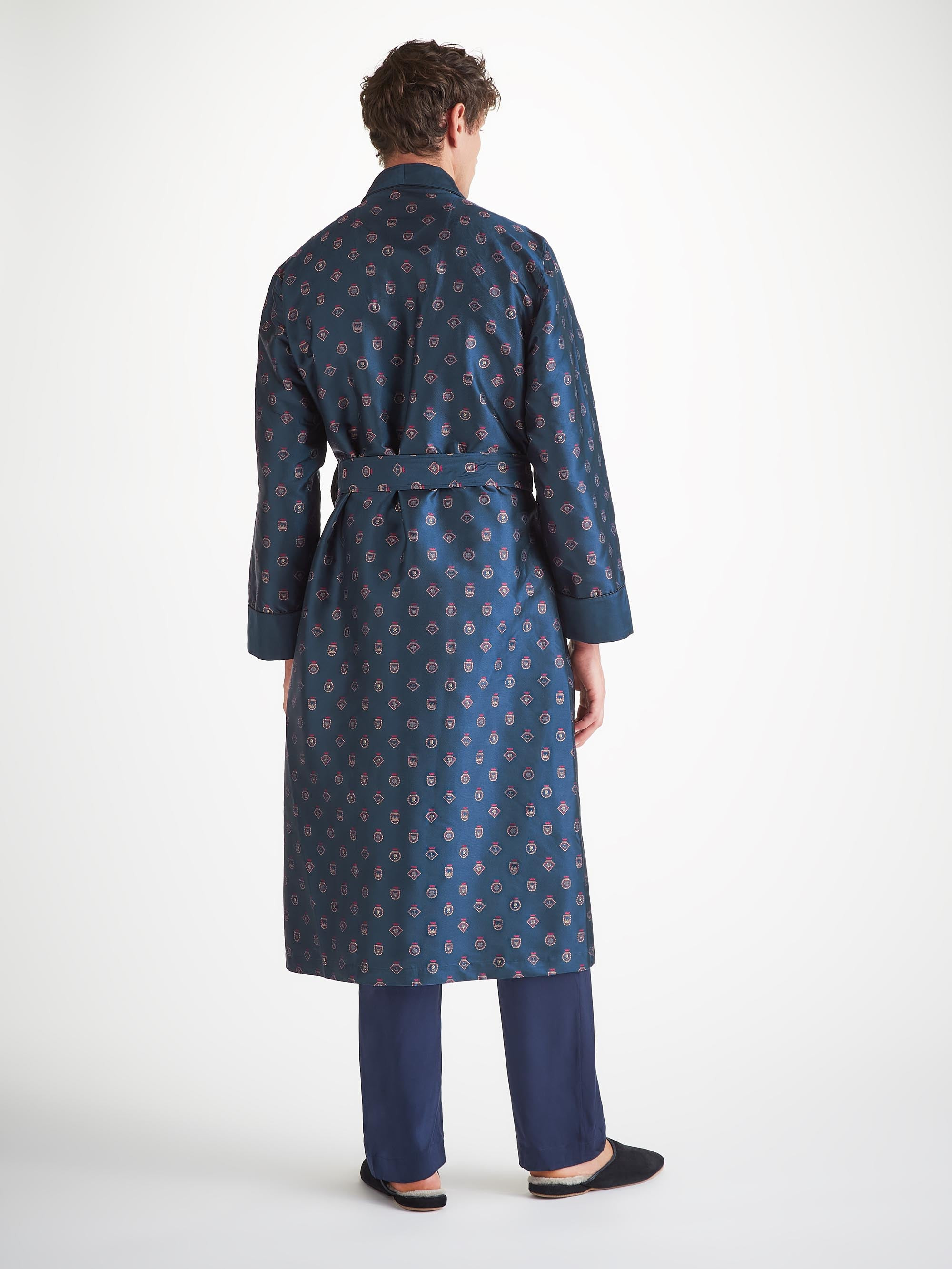 Men's Robe Silk Jacquard Navy Badge Pattern - 4