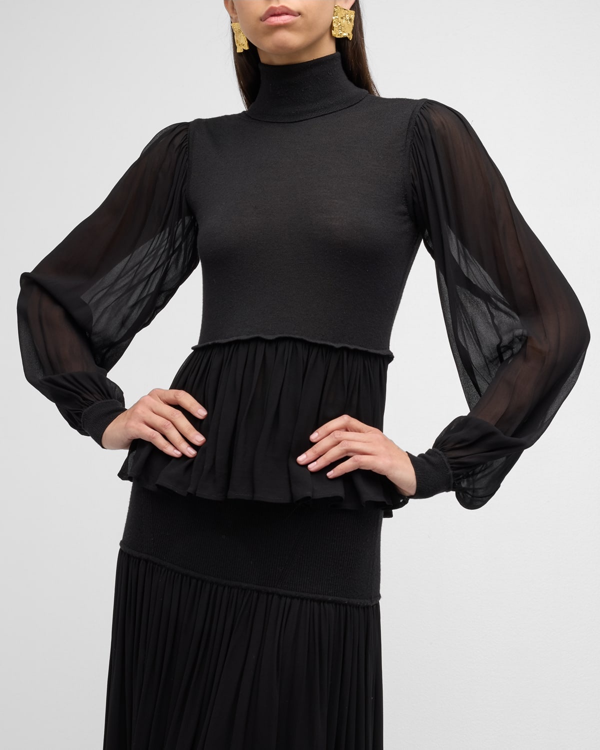 Liana Sheer-Sleeve Wool and Silk Combo Turtleneck Top - 7