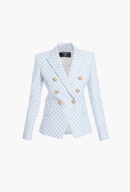 Blue and white gingham-print cotton blazer - 1