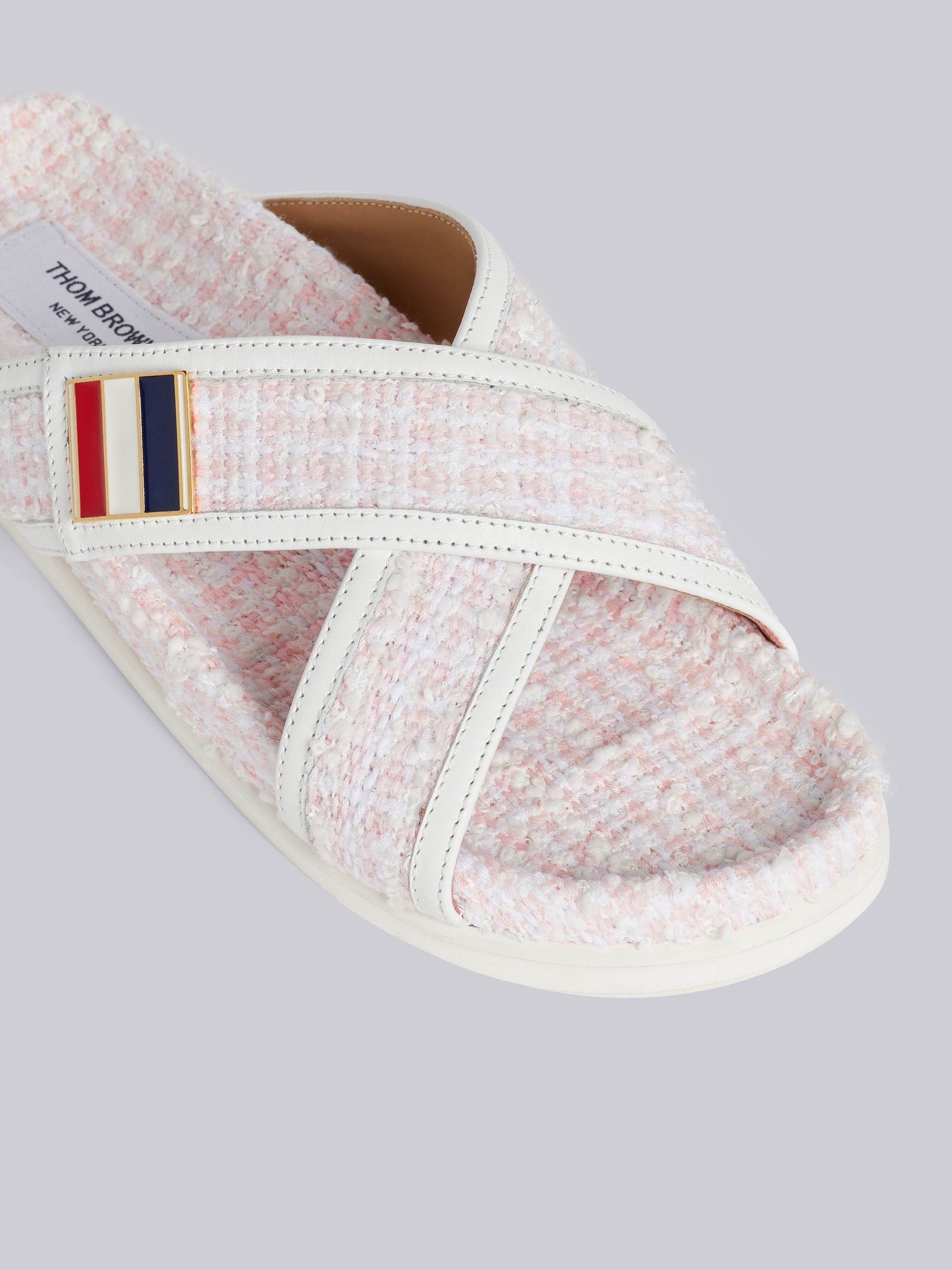 Thom Browne Light Pink Tweed Enamel Buckle Criss Cross Sandal