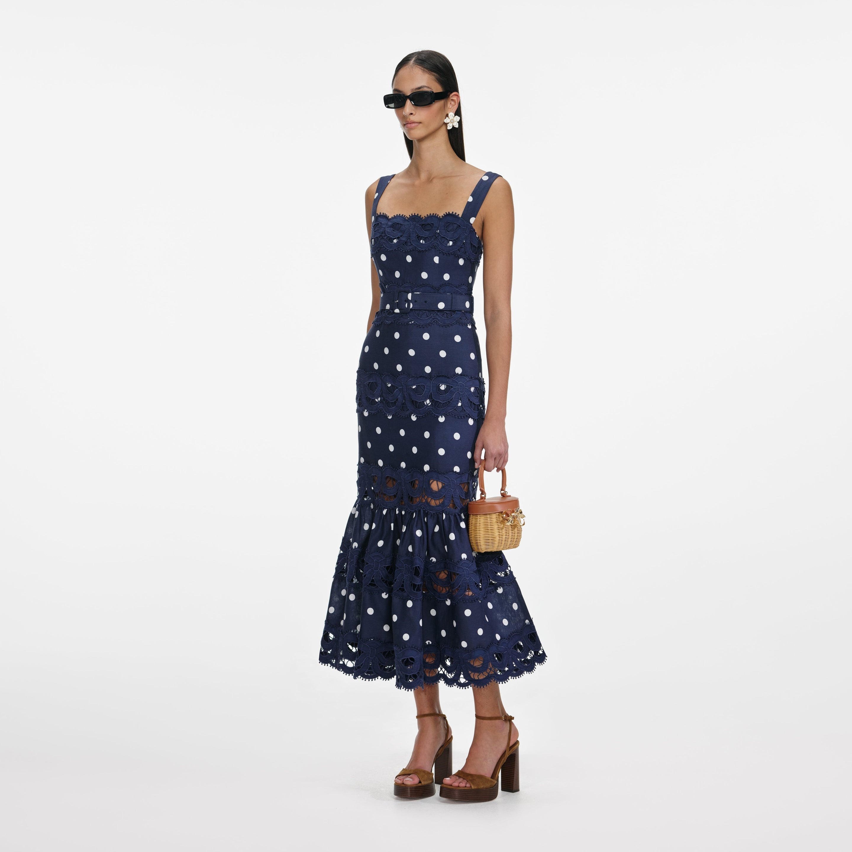 Navy Polka Dot Linen Midi Dress - 2