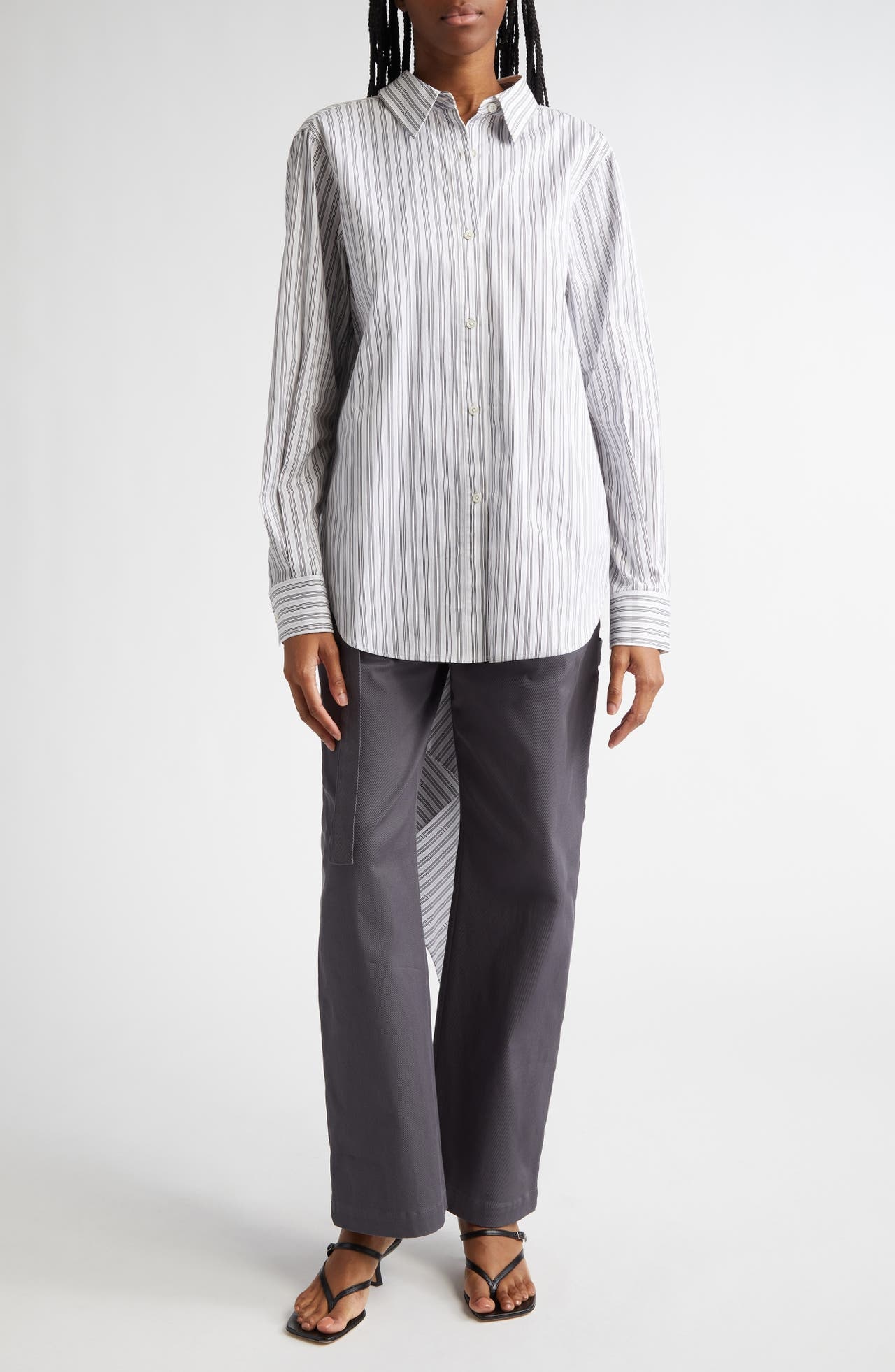 MONSE Pinstripe Cascade Back Button-Up Shirt in Ivory/Black at Nordstrom - 1