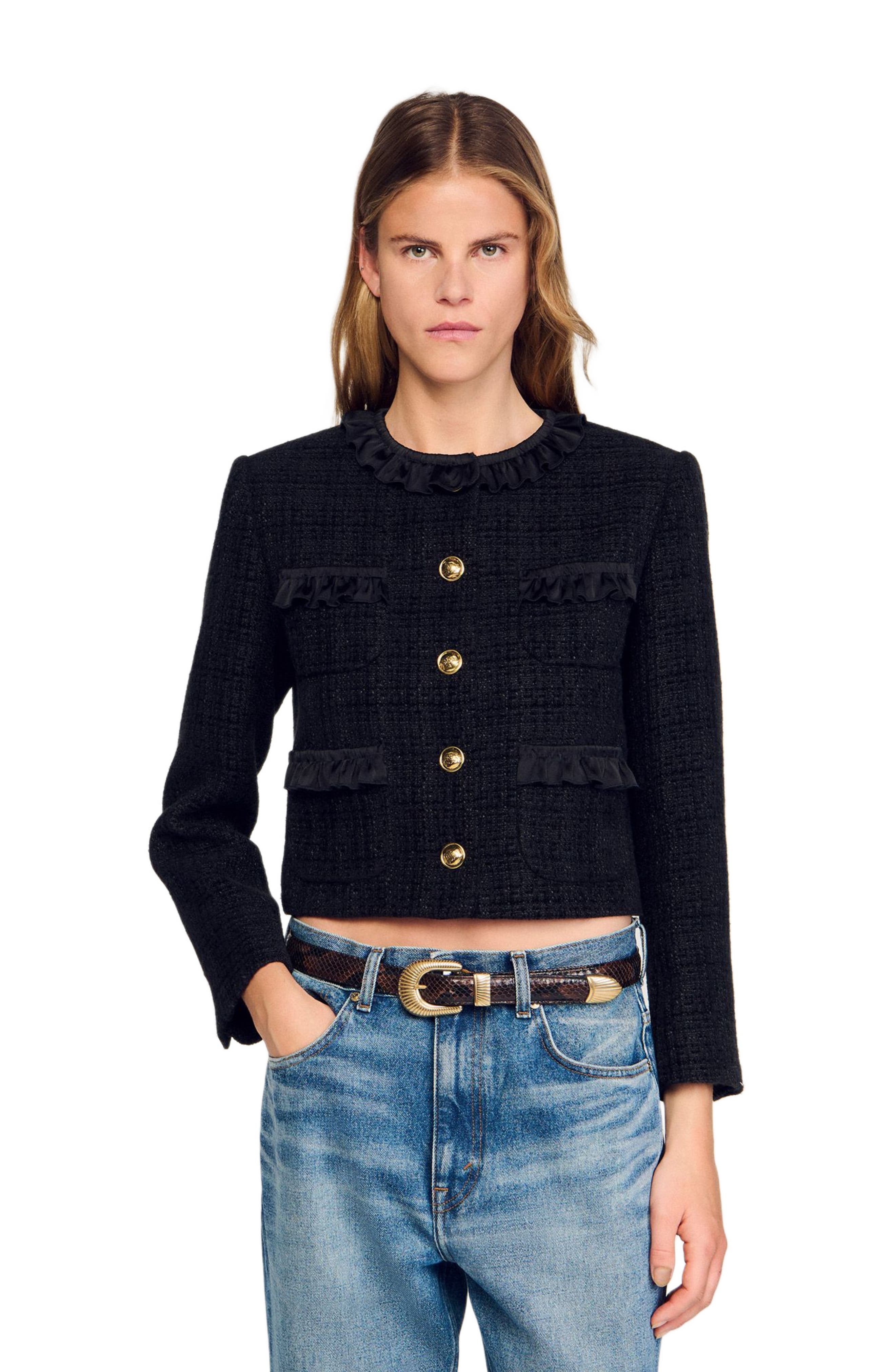 SANDRO Ruffled tweed jacket in Black at Nordstrom - 4