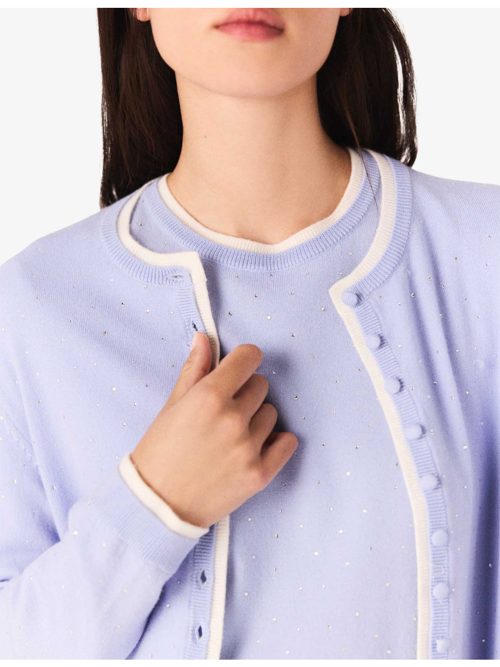 Rhinestone-Embellished Contrast-Trim Stretch Wool-Blend Cardigan - 5