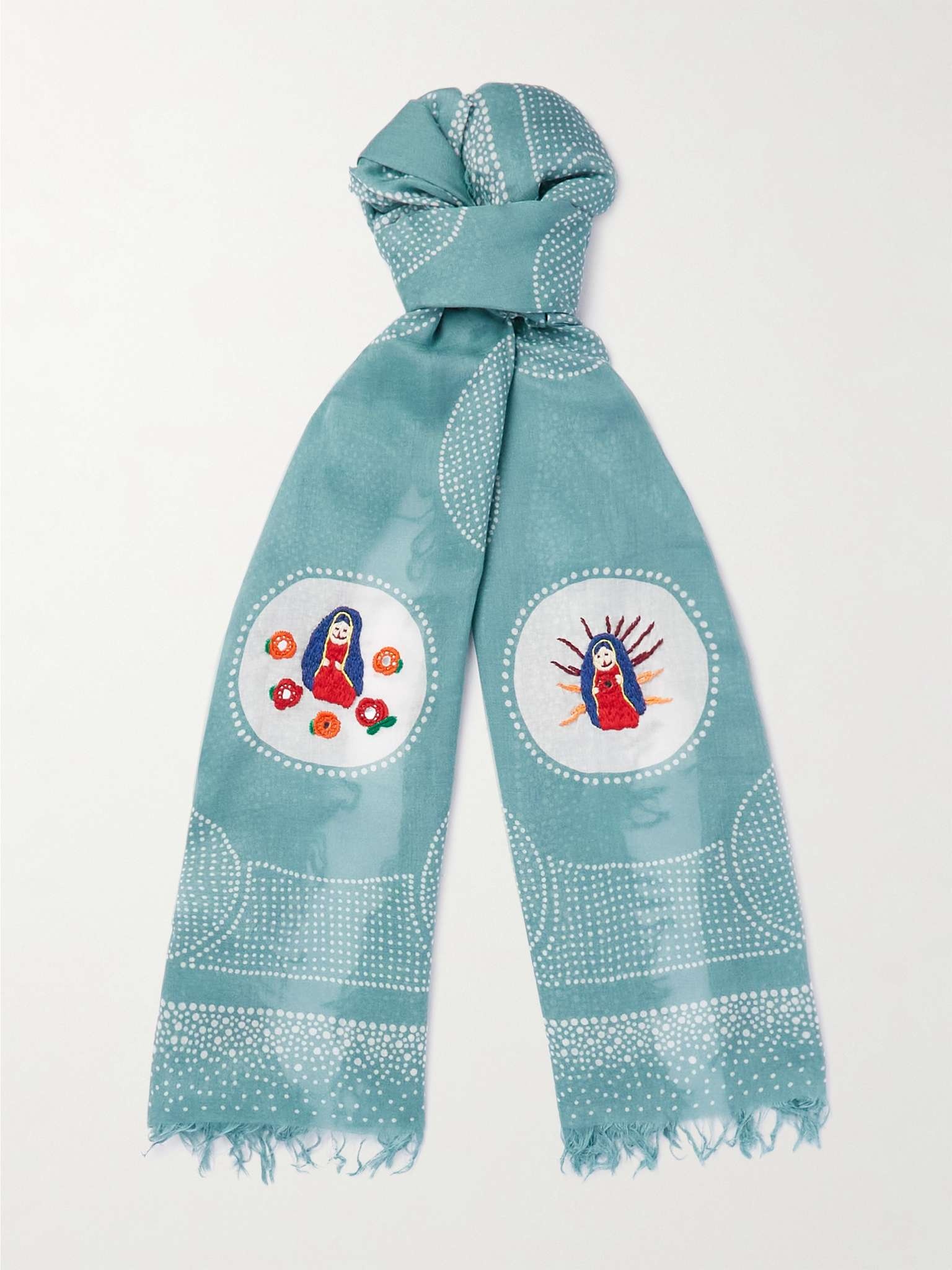 Embroidered Fringed Printed Voile Scarf - 1