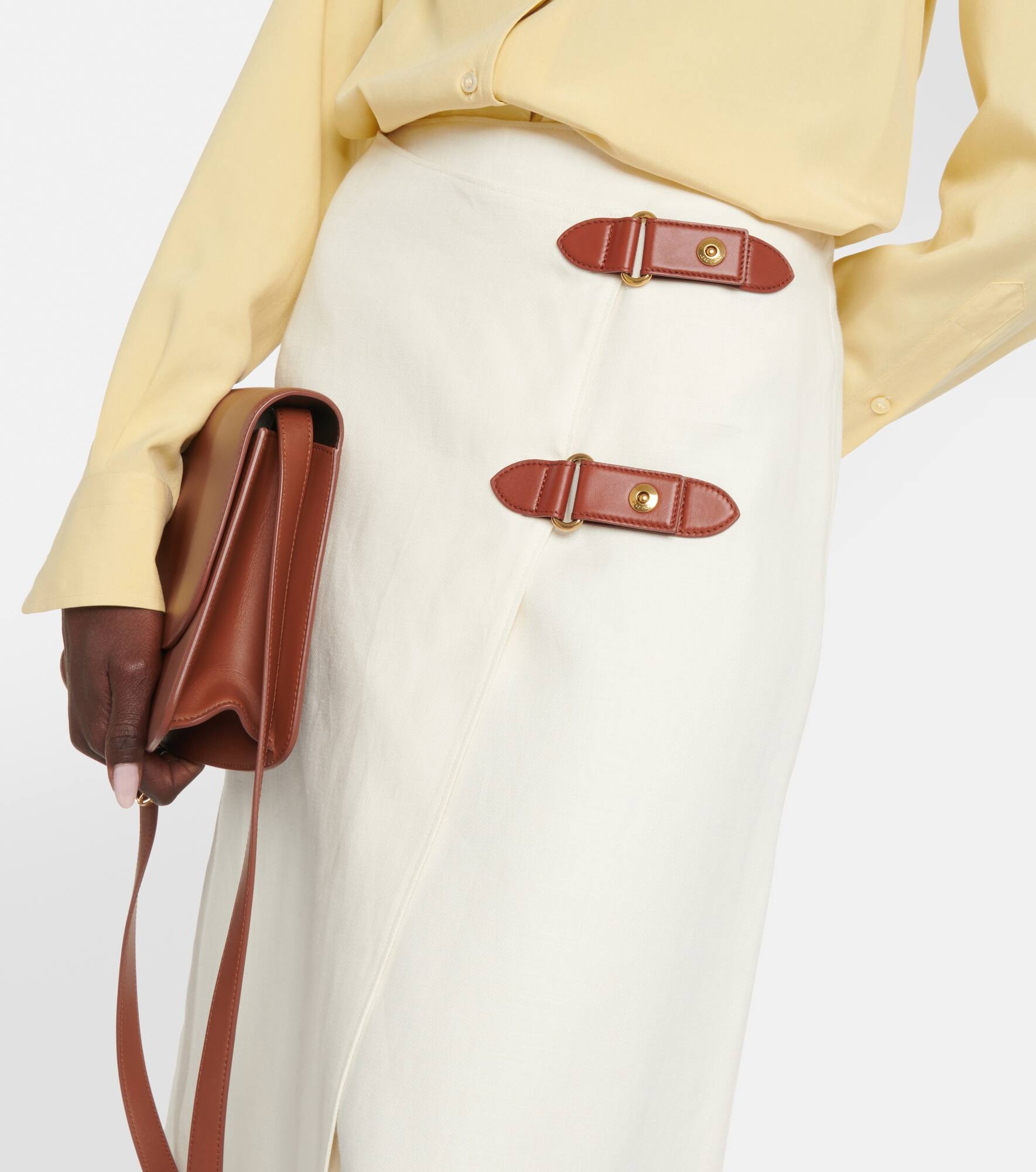 Leather-trimmed linen-blend midi skirt - 4