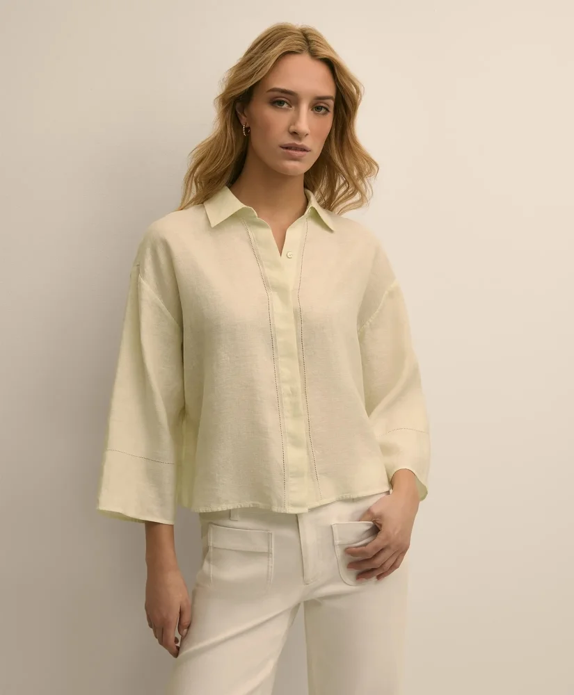 Linen Relaxed Bell-Sleeve Cropped Shirt - 1