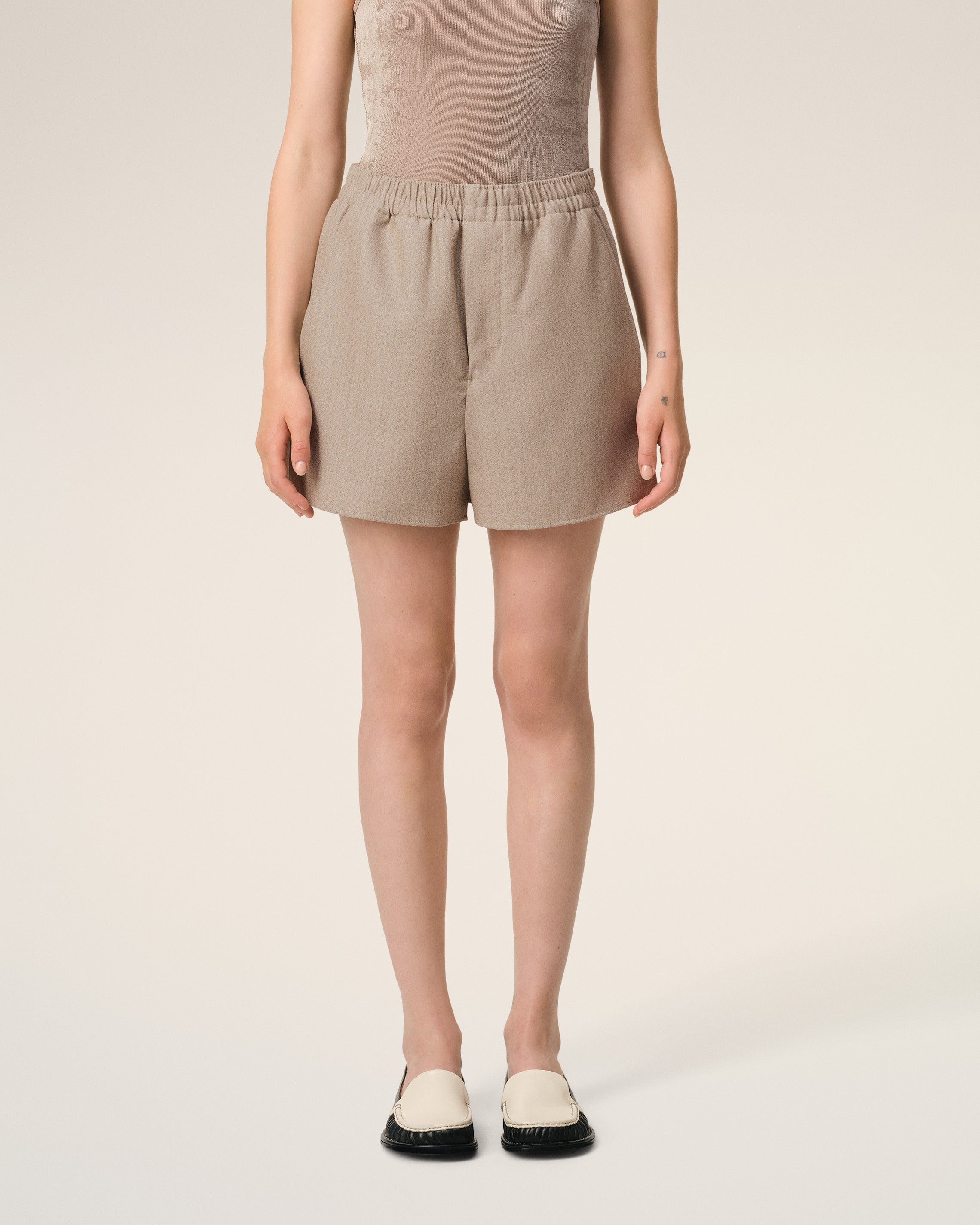 BEIGE WOOL ELASTICATED SHORT - 3