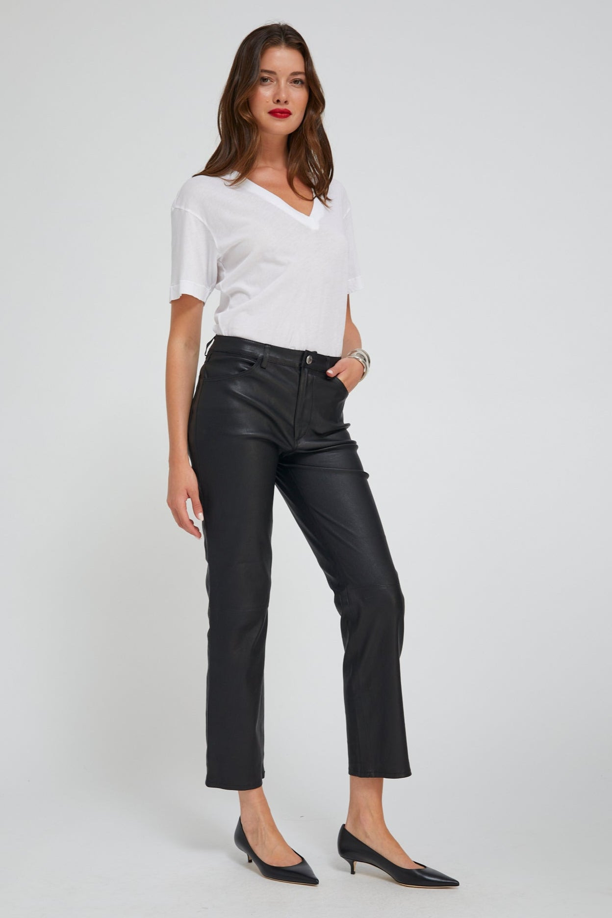 BLACK LEATHER 5 POCKET ANKLE SLIM STRAIGHT - 3