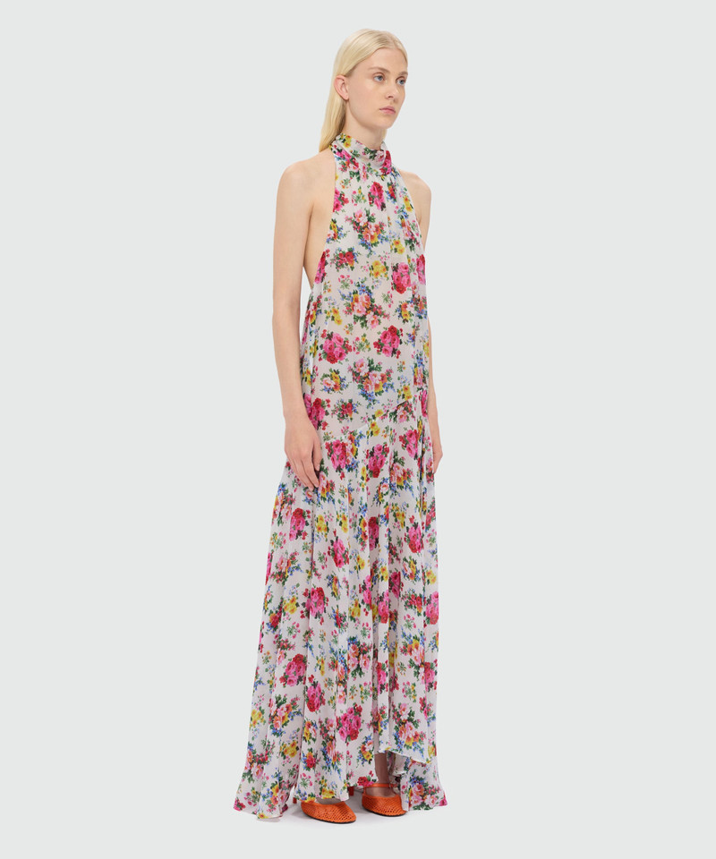 White long viscose georgette dress with floral print and pleated skirt 4