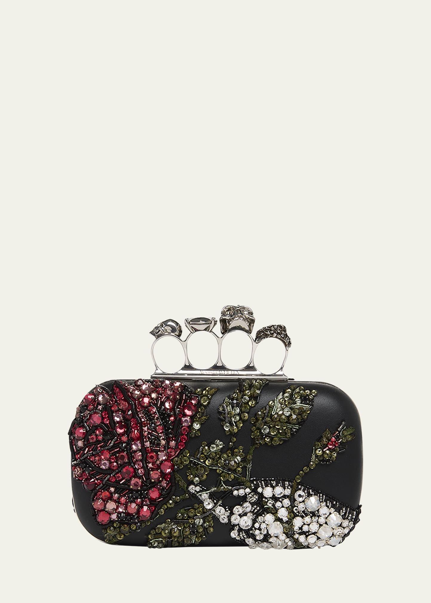 Bead & Crystal Flower Skull Four Ring Clutch Bag - 1