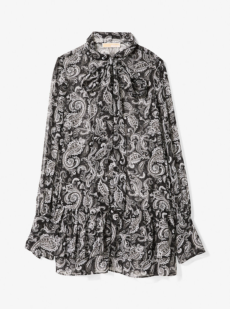 Metallic Paisley Georgette Tie-Neck Dress 3