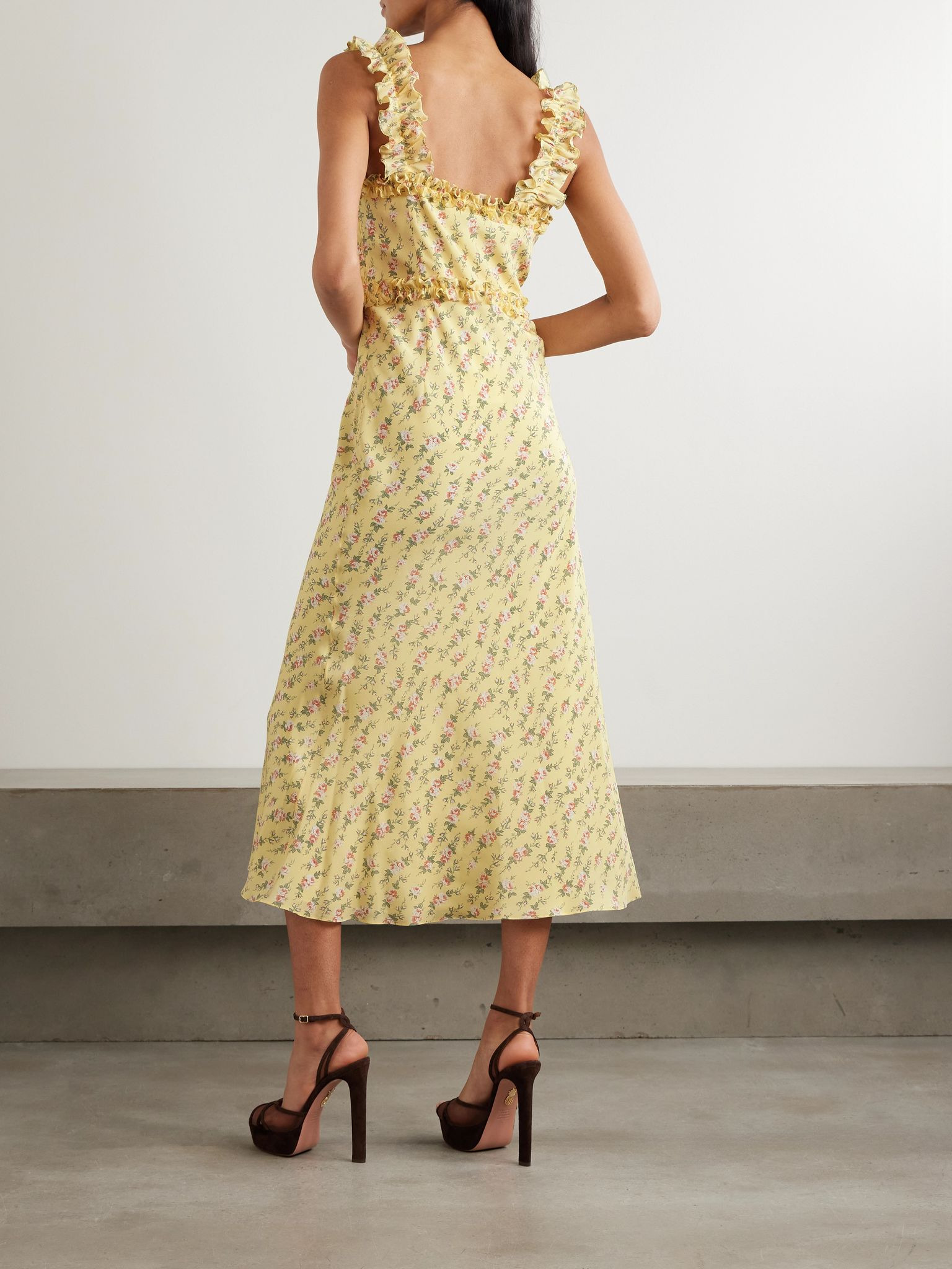 Bow-detailed ruffled floral-print silk crepe de chine midi dress Yellow - 3