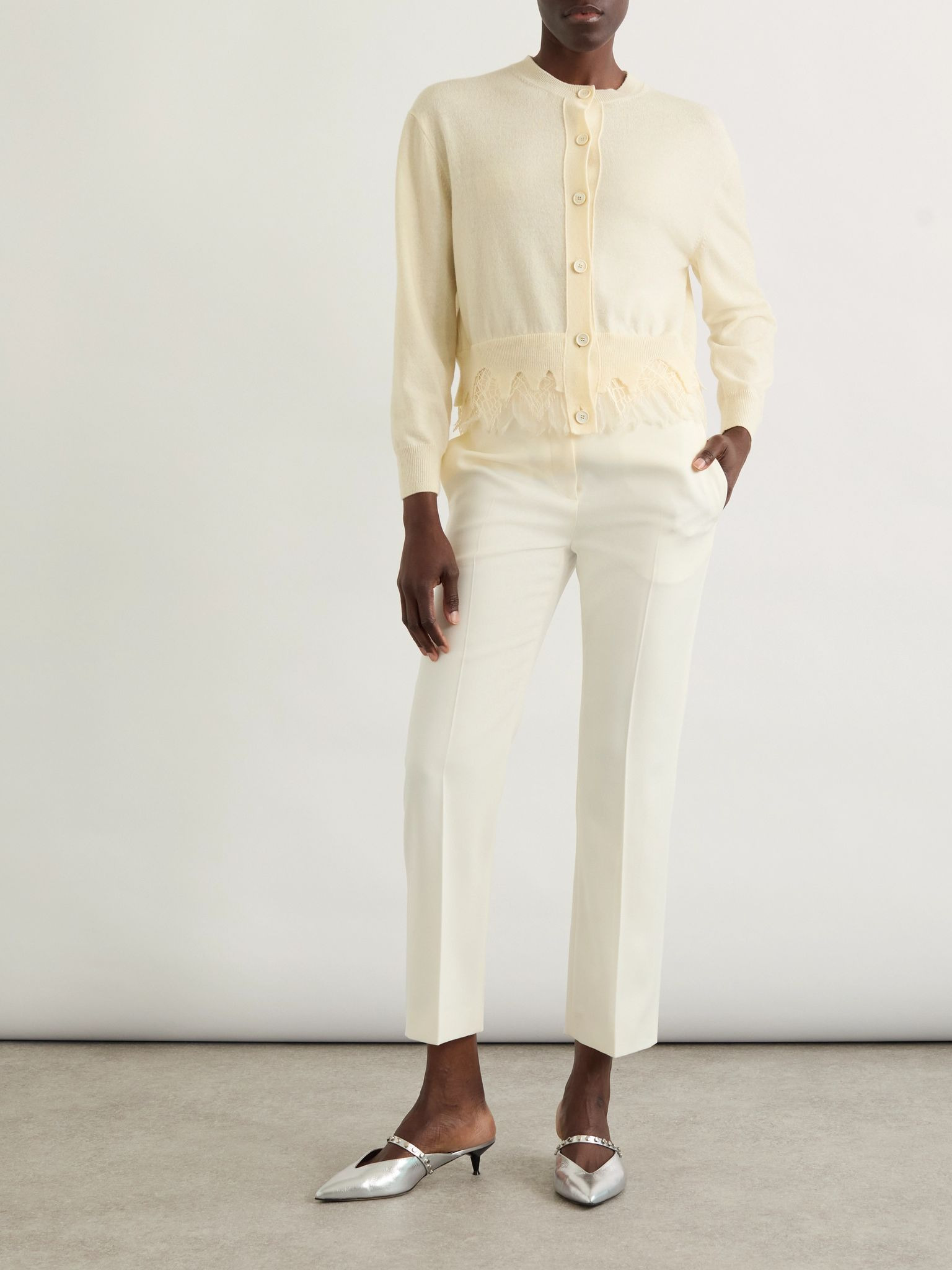 Lace-trimmed distressed wool and cashmere-blend cardigan Ivory - 2