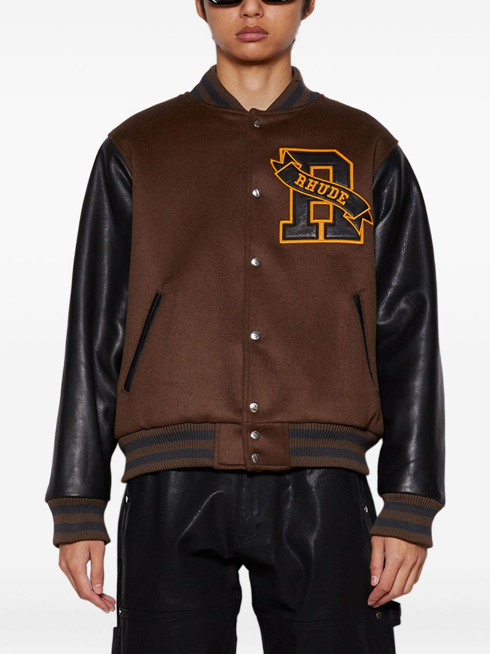 leather-sleeved bomber jacket - 3