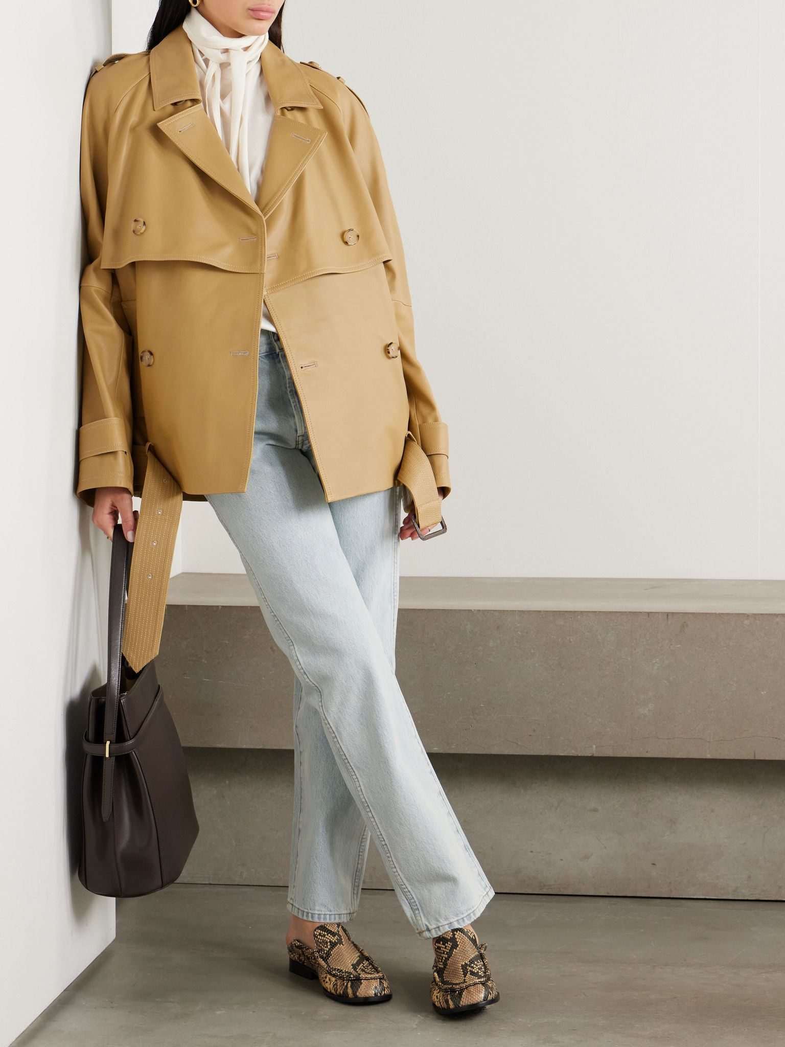 Double-breasted belted layered leather jacket Sand - 2