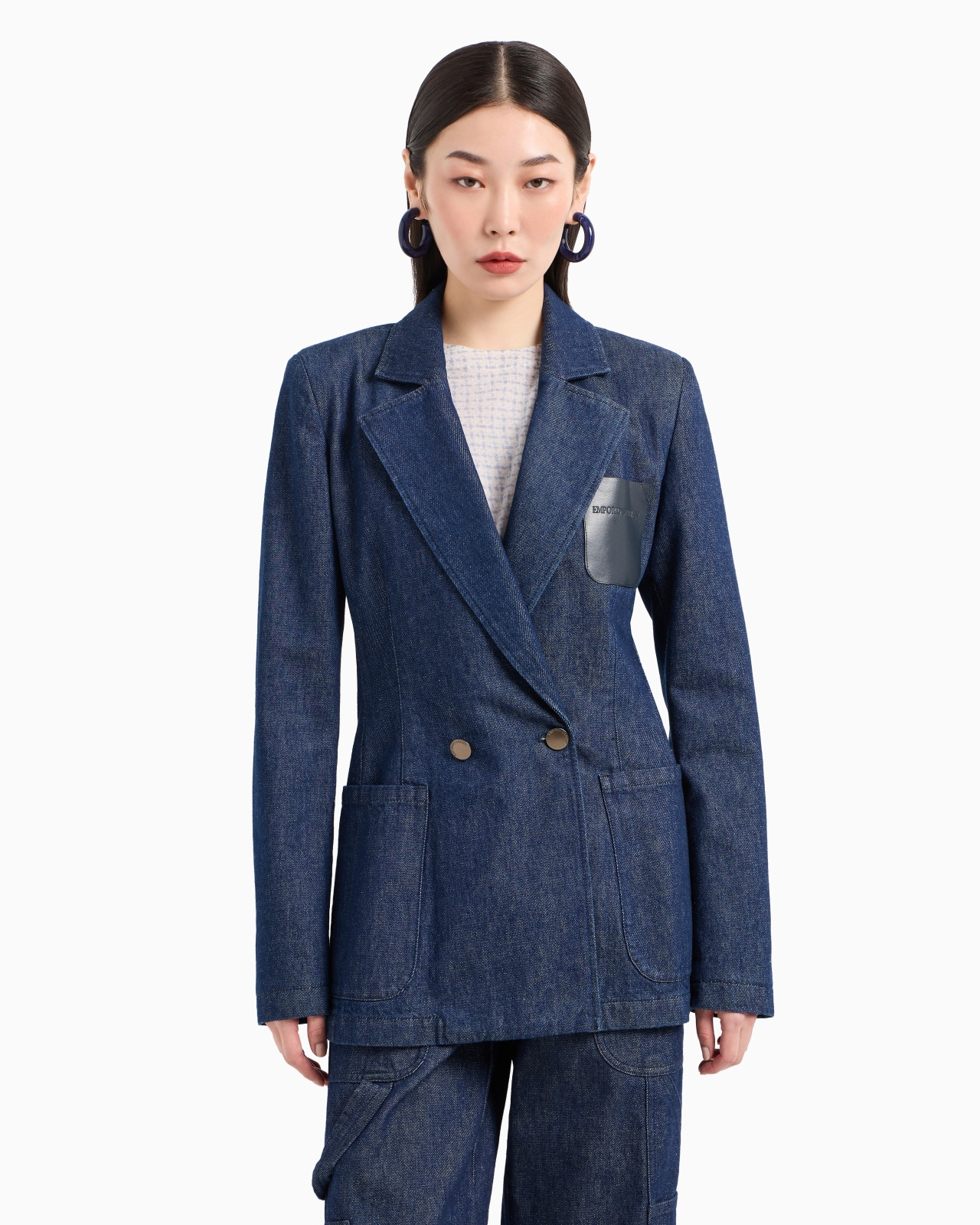 Double-breasted 11 oz denim blazer with logo leather pocket - 2