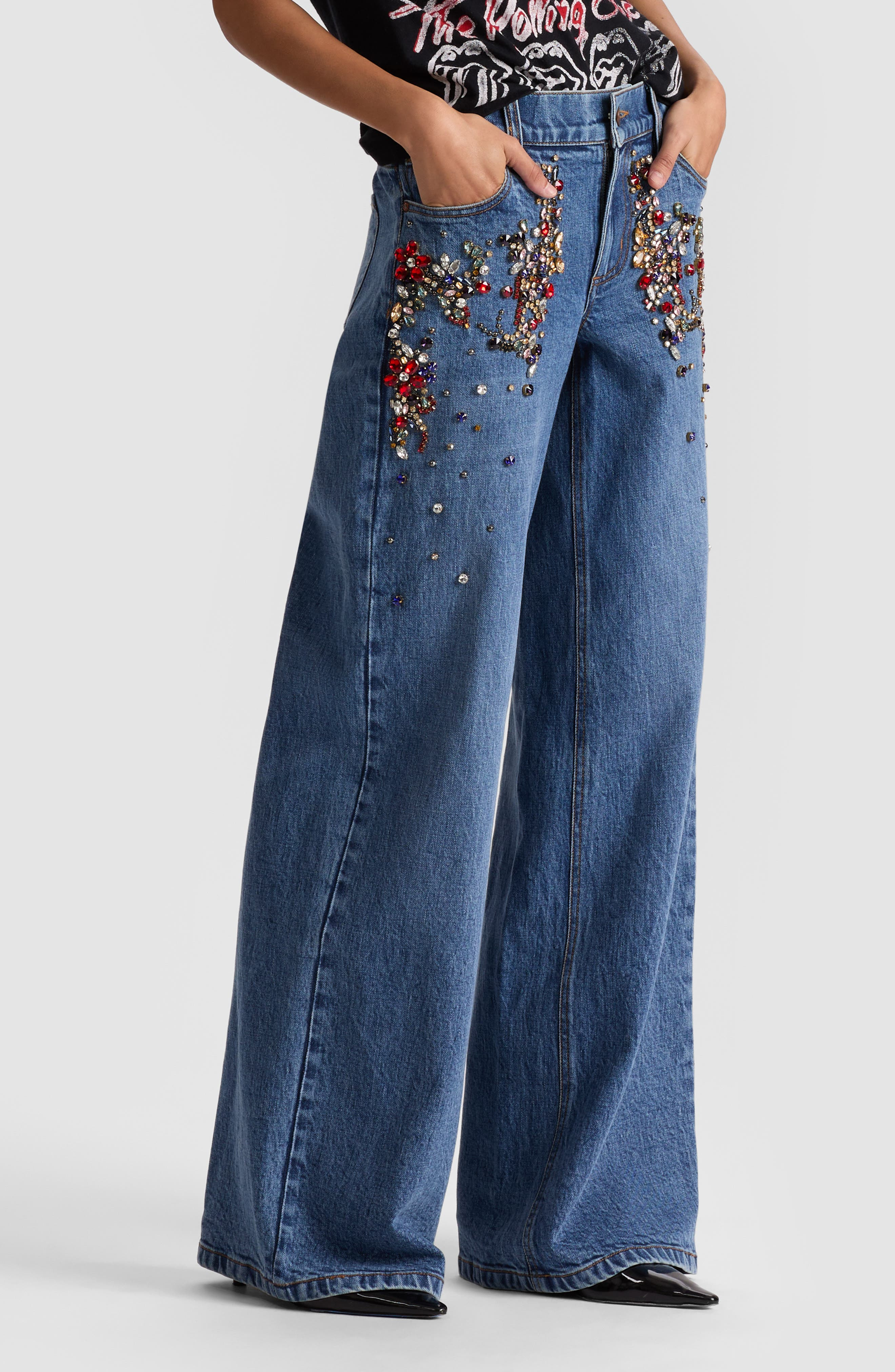 Alice + Olivia Amazing Crystal Detail Baggy Wide Leg Jeans in Brooklyn Blue at Nordstrom - 3