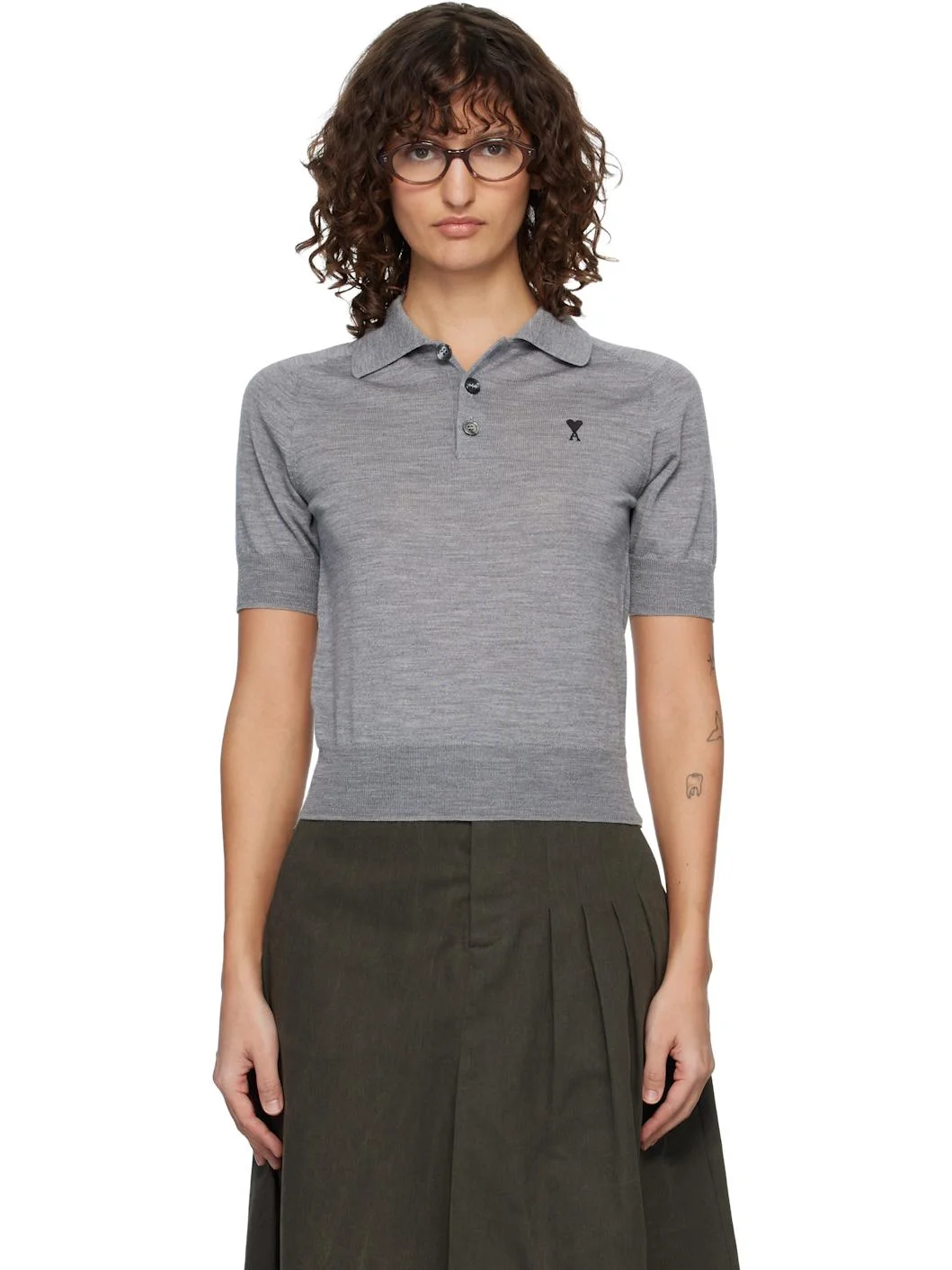 Gray Wool Short Sleeves Ami De Coeur Polo - 1