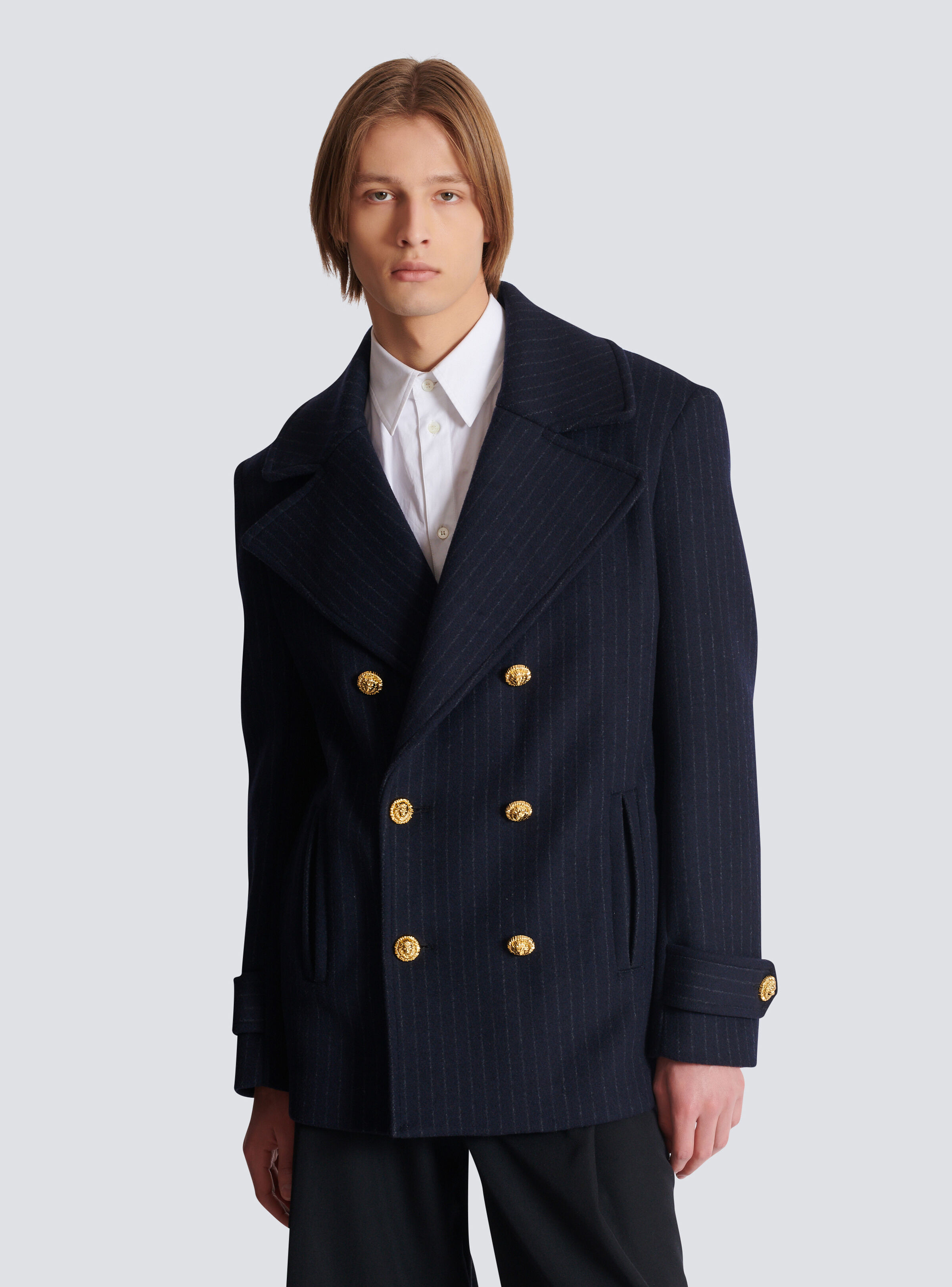 Short striped wool pea coat - 7