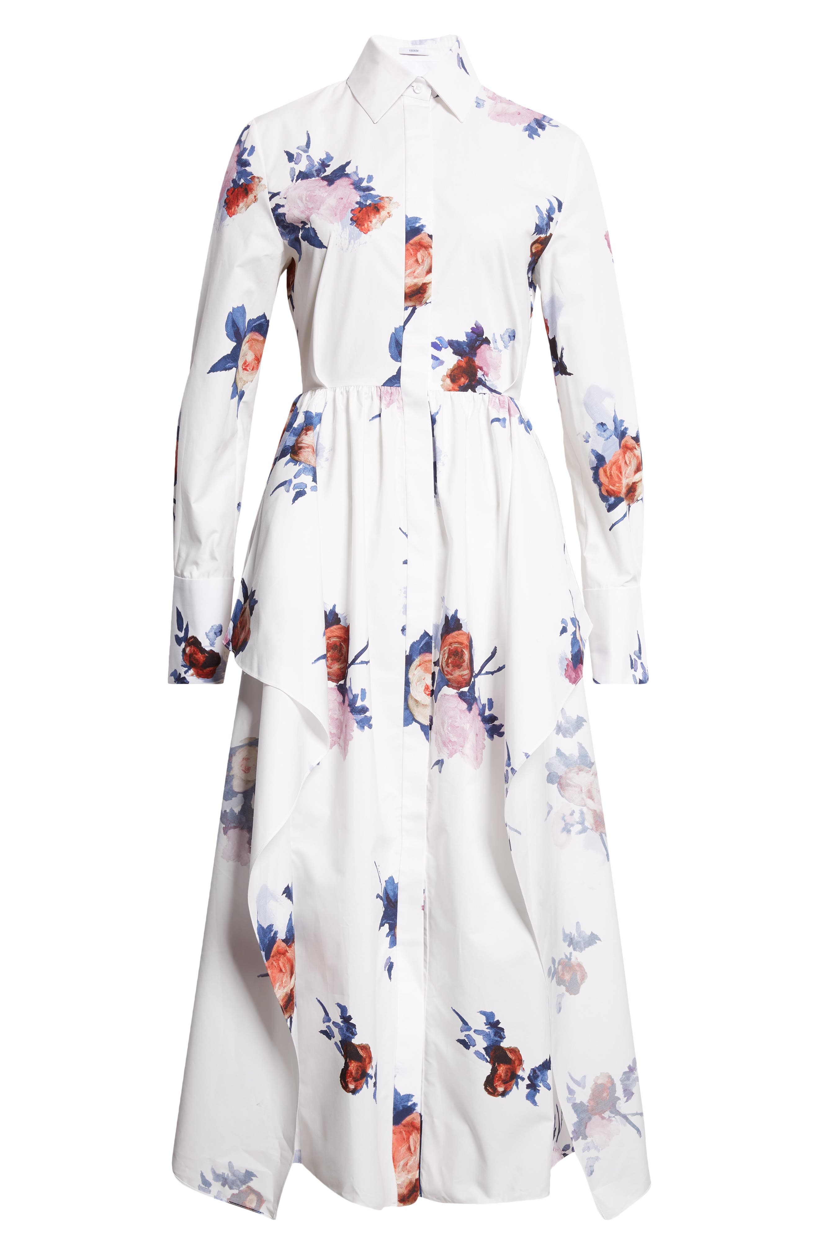 Erdem Long Sleeve Organic Cotton Poplin Shirtdress in Painted Rose Bouquet White at Nordstrom - 5