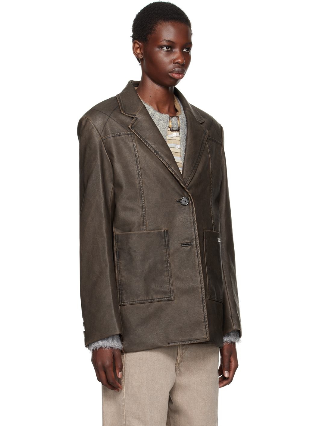 Brown Stitched Faux-Leather Blazer - 2