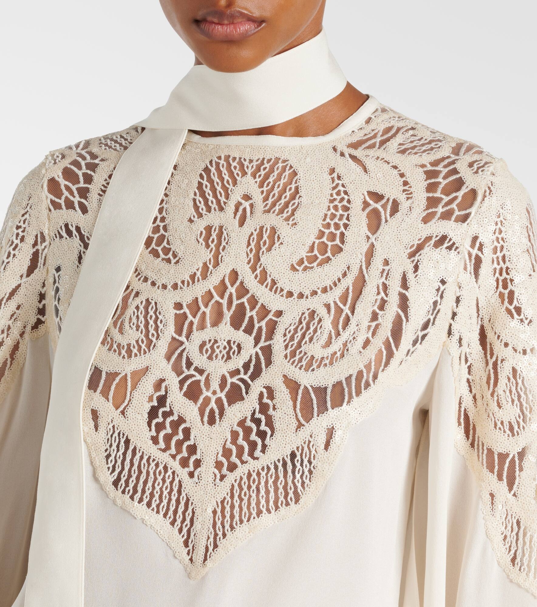 Lace-trimmed tie-neck georgette blouse - 5