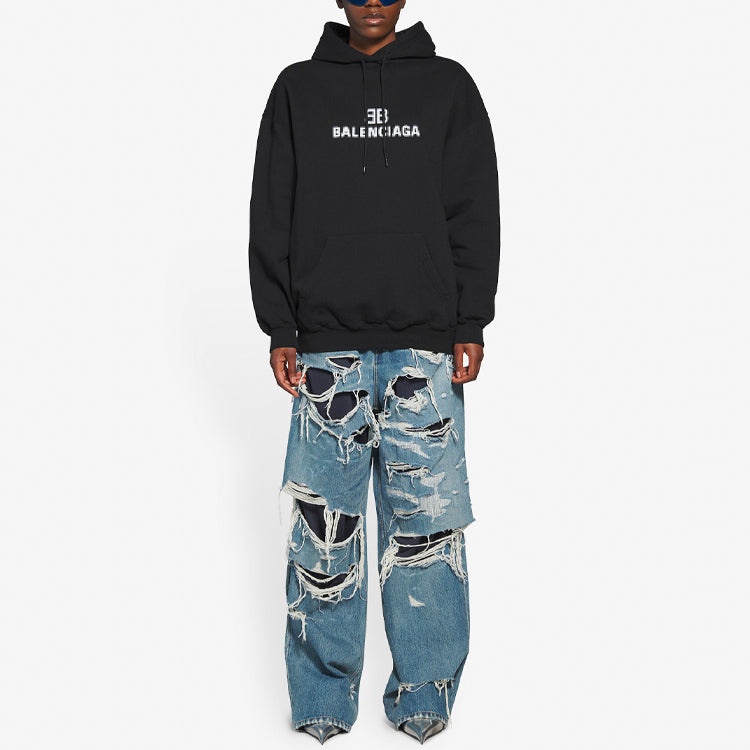 (WMNS) Balenciaga Bb Pixel Fleece Drawstring hooded Long Sleeves Hoodie Black 578135TKVI81070 - 6