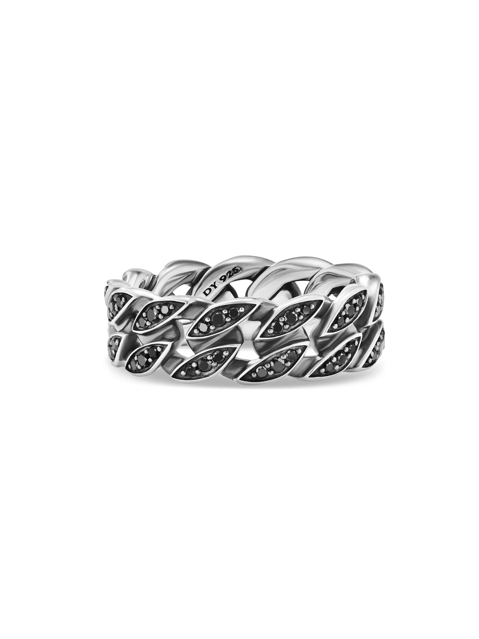 Men's Curb Chain Band Ring in Sterling Silver - Black Diamond - 1