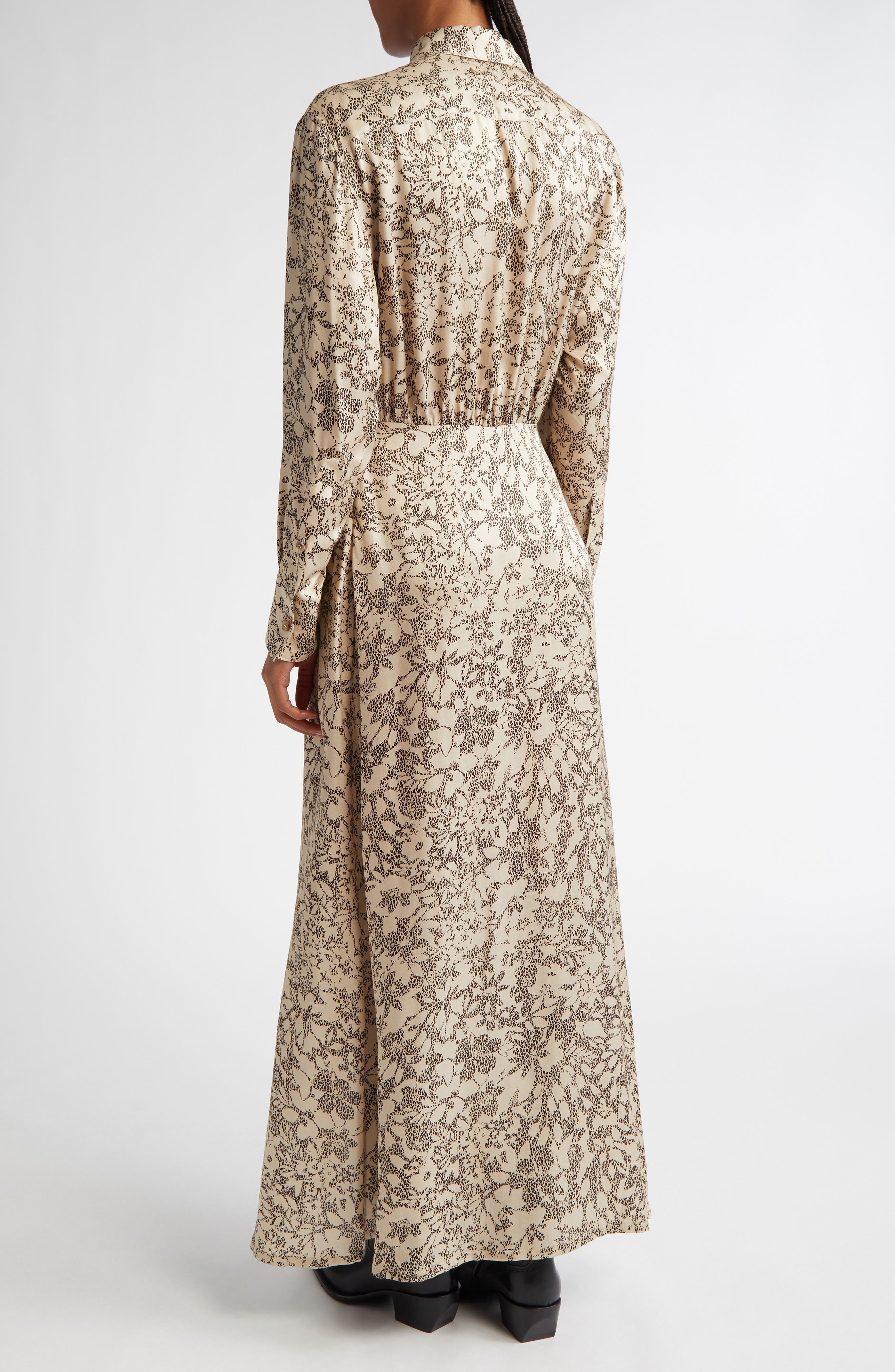 Golden Goose Print Long Sleeve Satin Maxi Shirtdress in Safari/Black at Nordstrom - 2