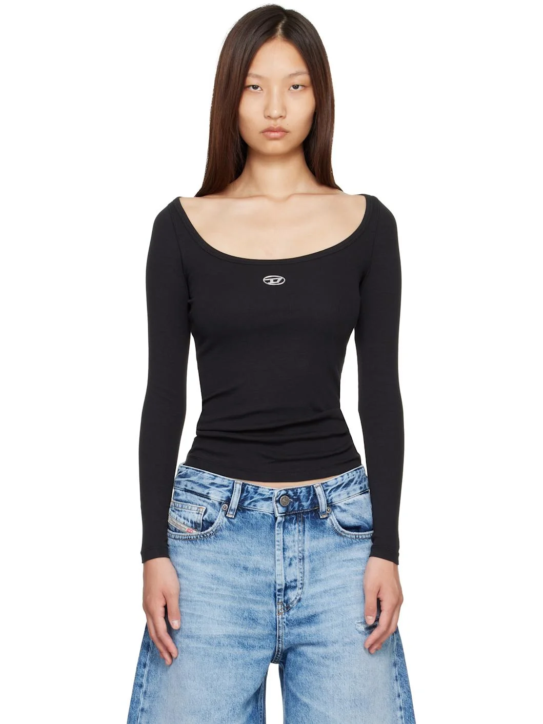 Black Long Sleeve Metallic Oval D Ribbed T-shirt - 1