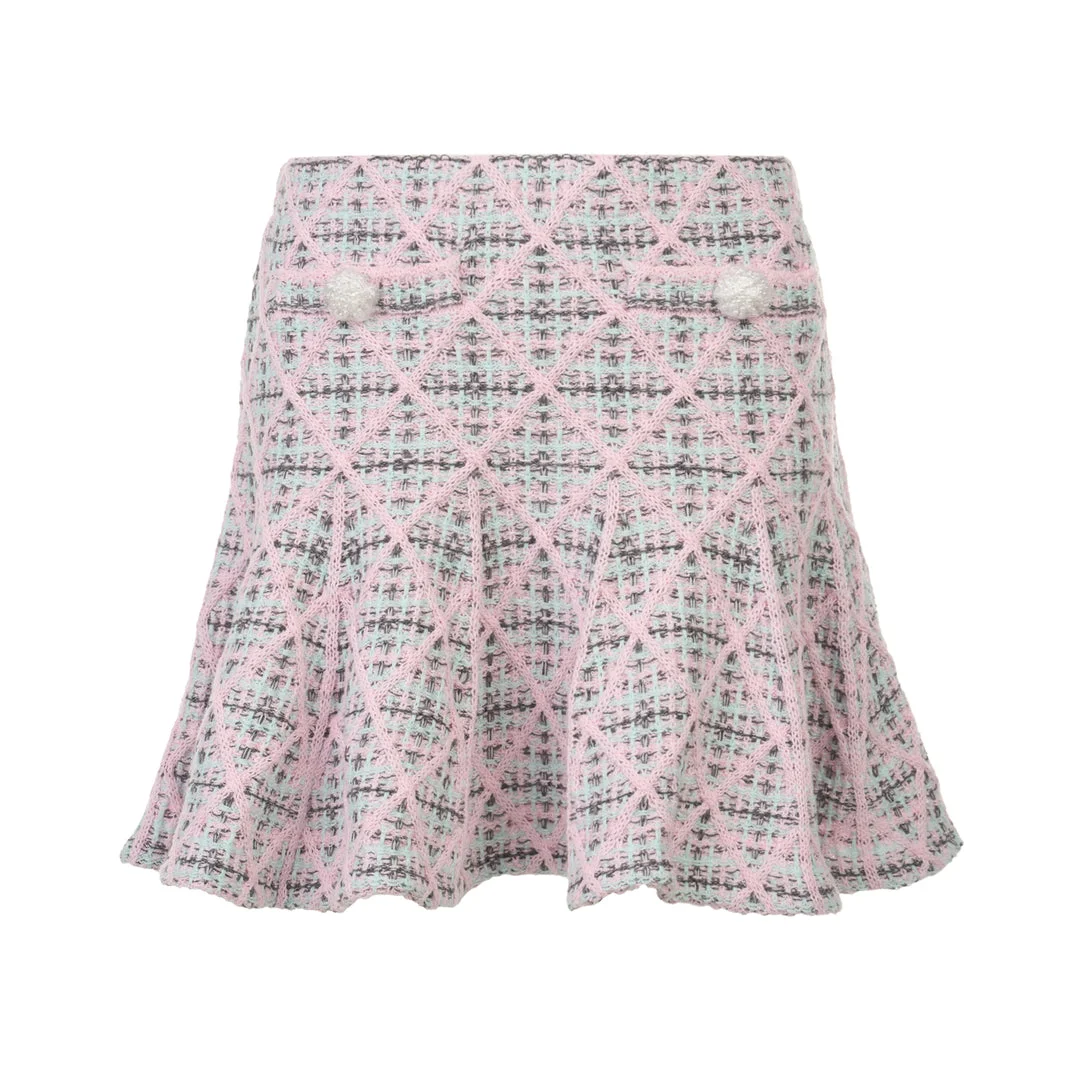 Pink Check Knit Mini Skirt - 1