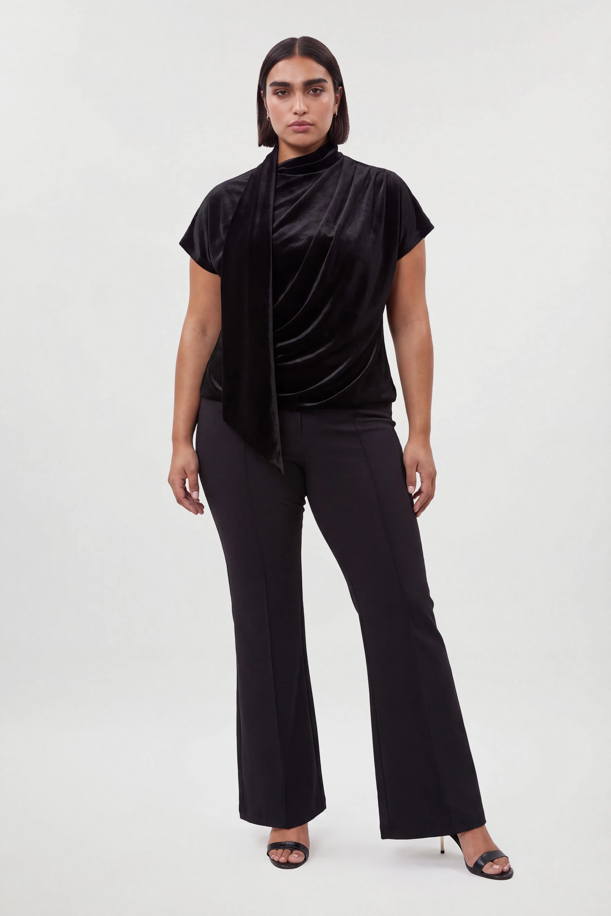 Plus Size Velvet Cowl Neck Tie Detail Jersey Top - 1