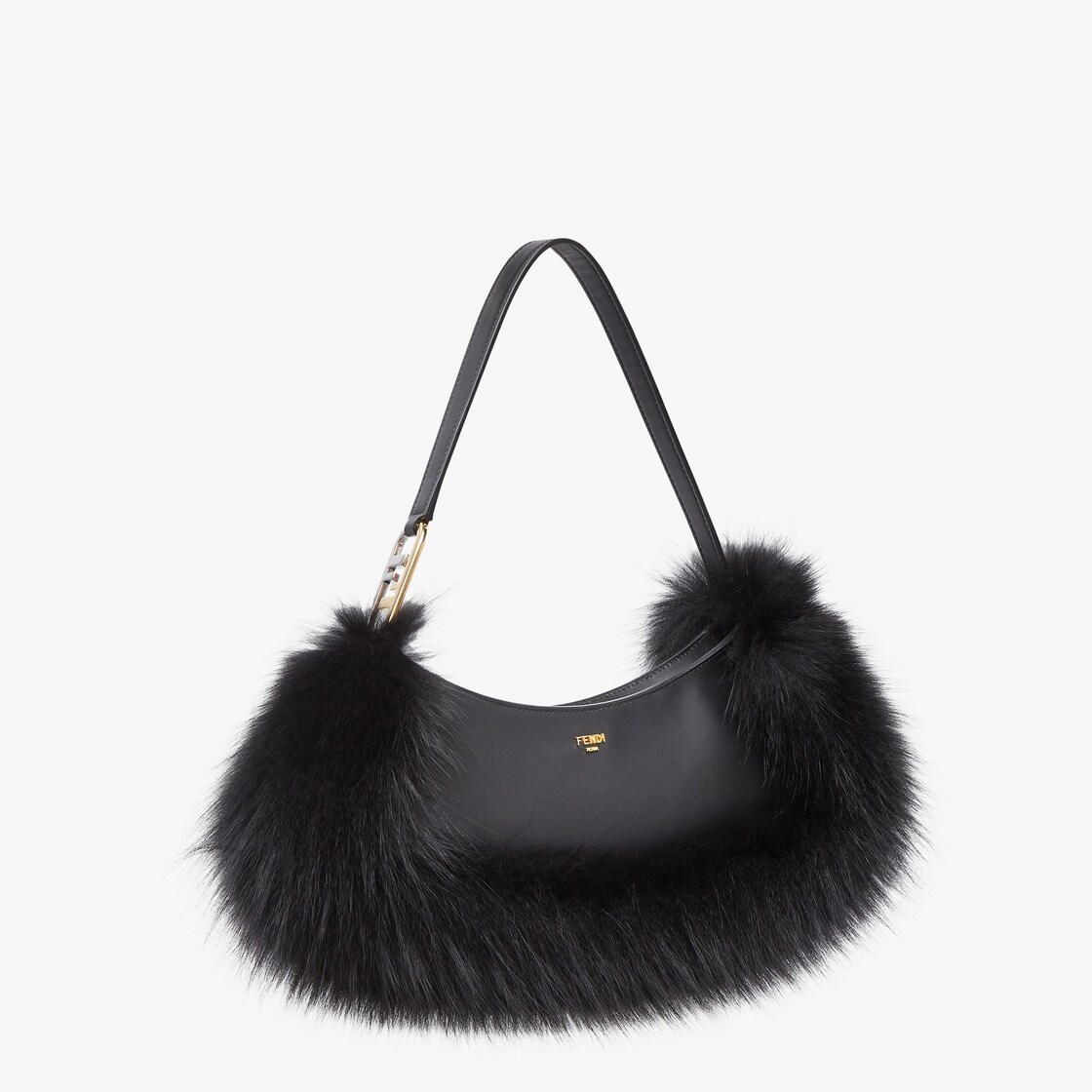 Pouch made of black leather, embellished with tone on tone fox fur and decorated with Fendi Roma let - 2