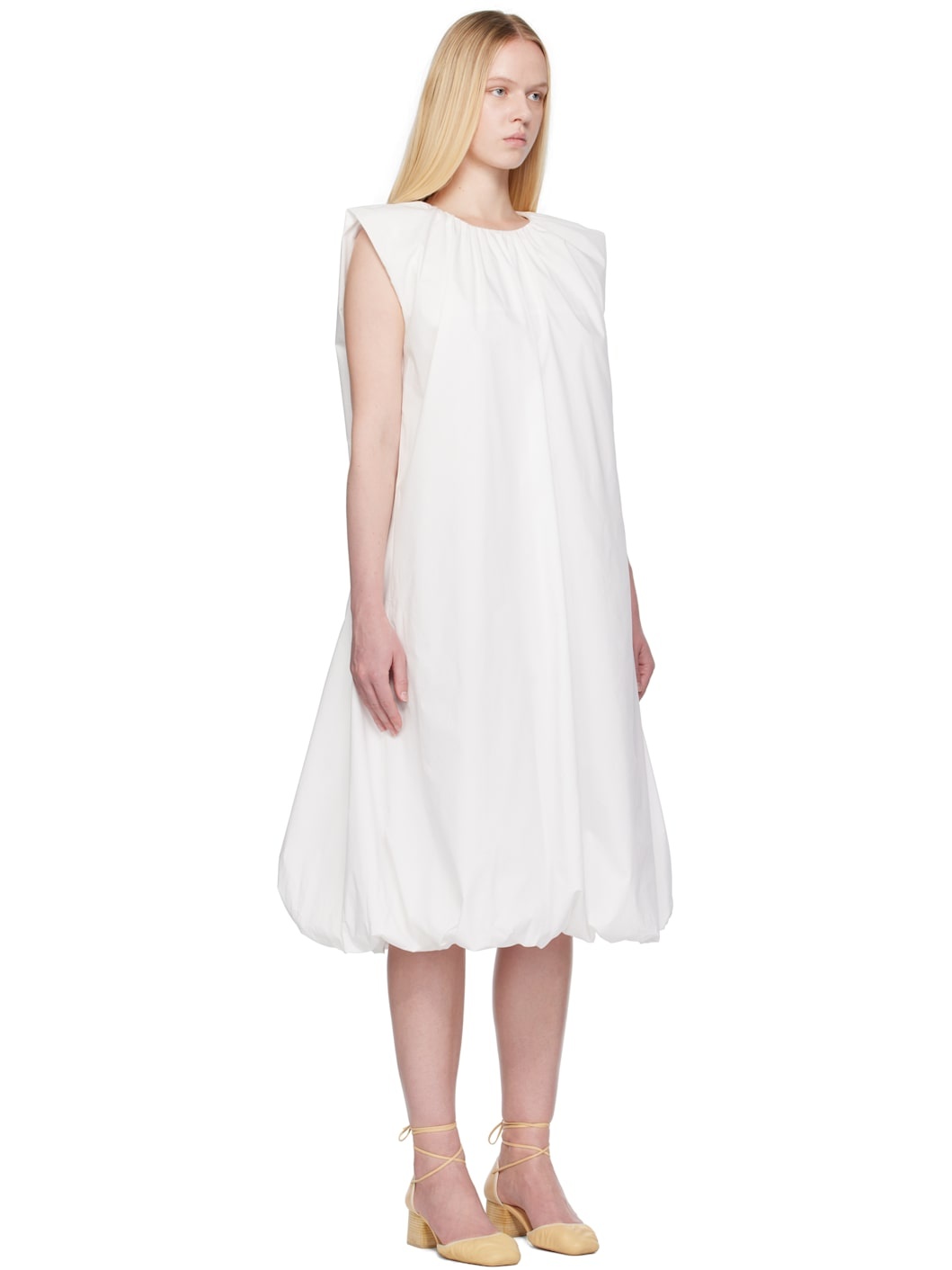 White Cotton Volume Shirring Minidress - 2