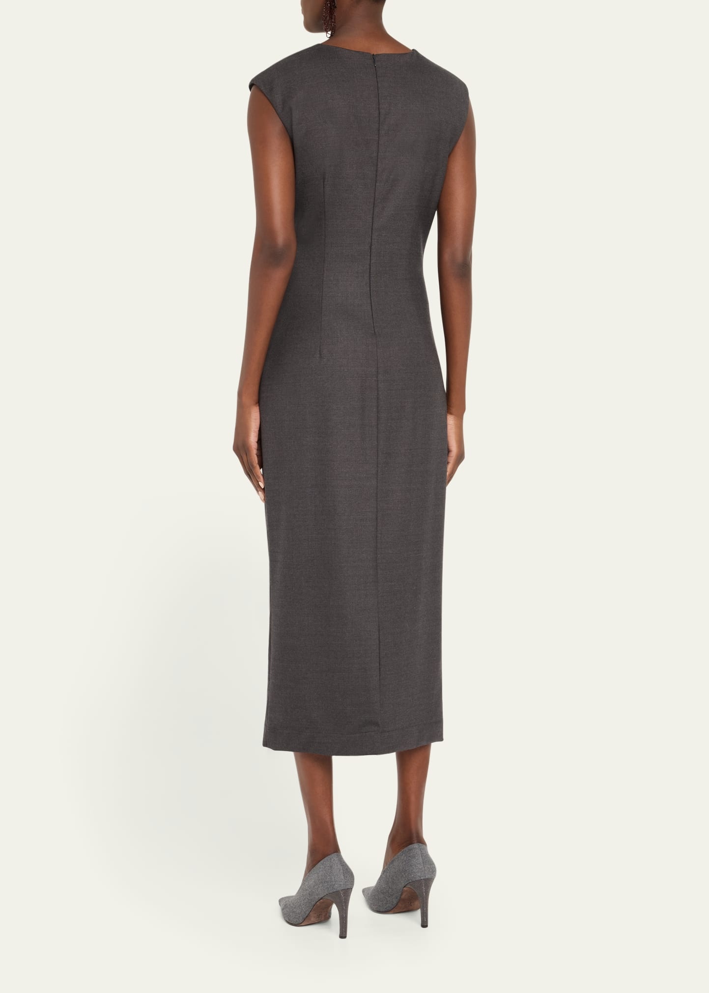 Sleeveless Stretch Twill Wool Wrap Midi Dress - 3
