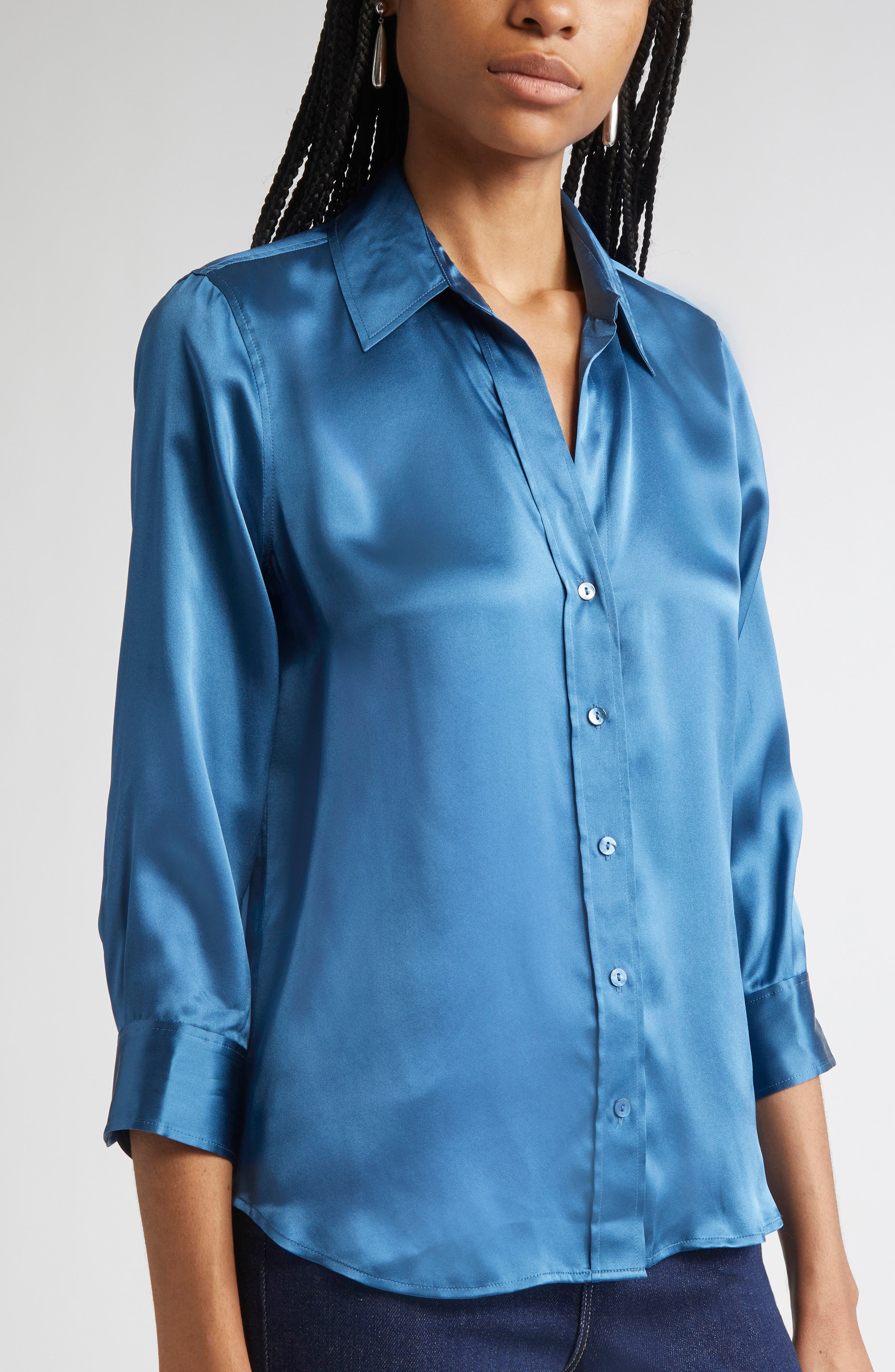 L'AGENCE Dani Silk Charmeuse Blouse in Stone Blue at Nordstrom - 4