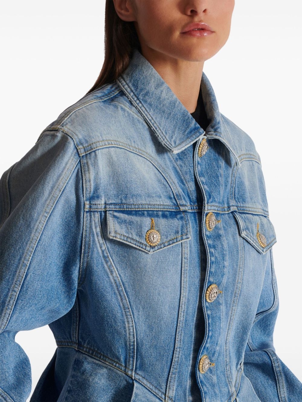 logo-buttons pleated denim blazer - 7