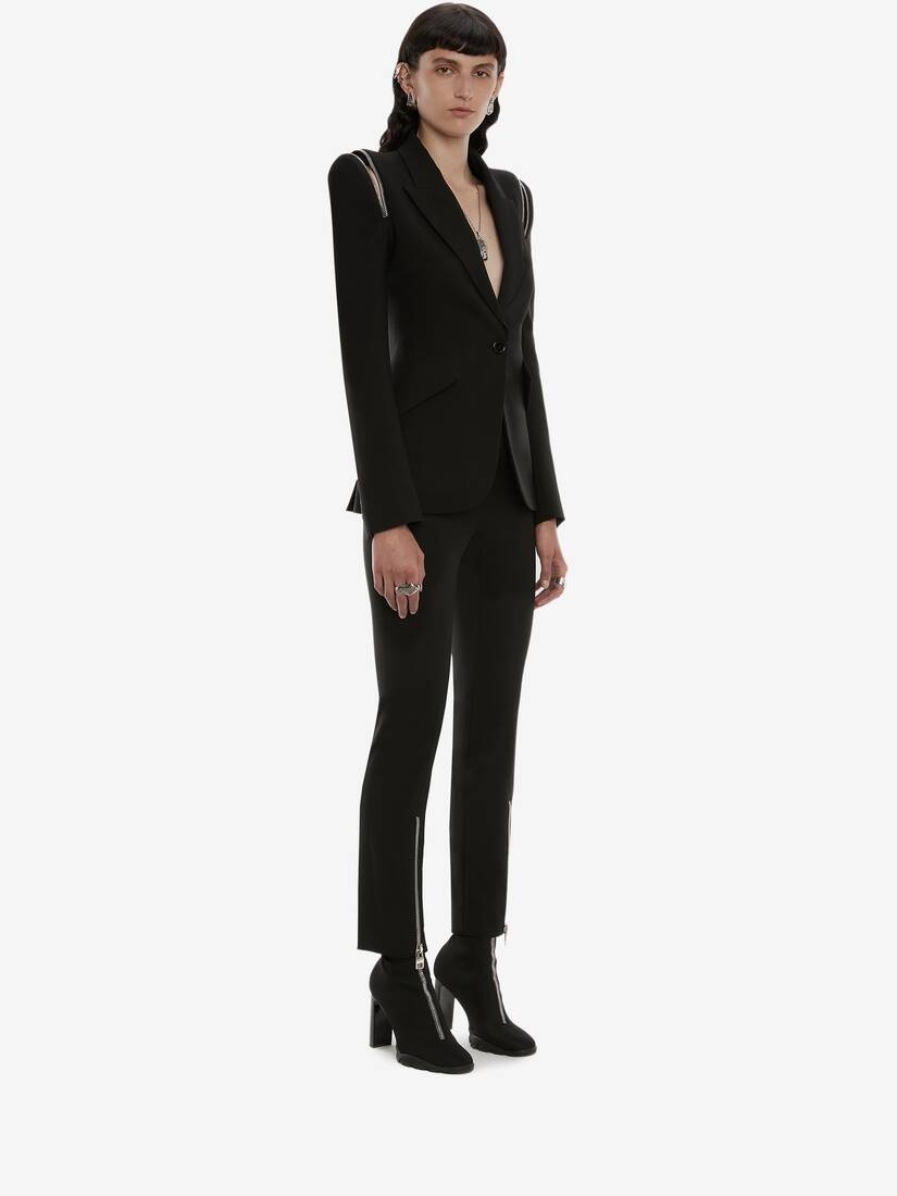 Zip Peak Shoulder Leaf Crepe Jacket in Black - 3