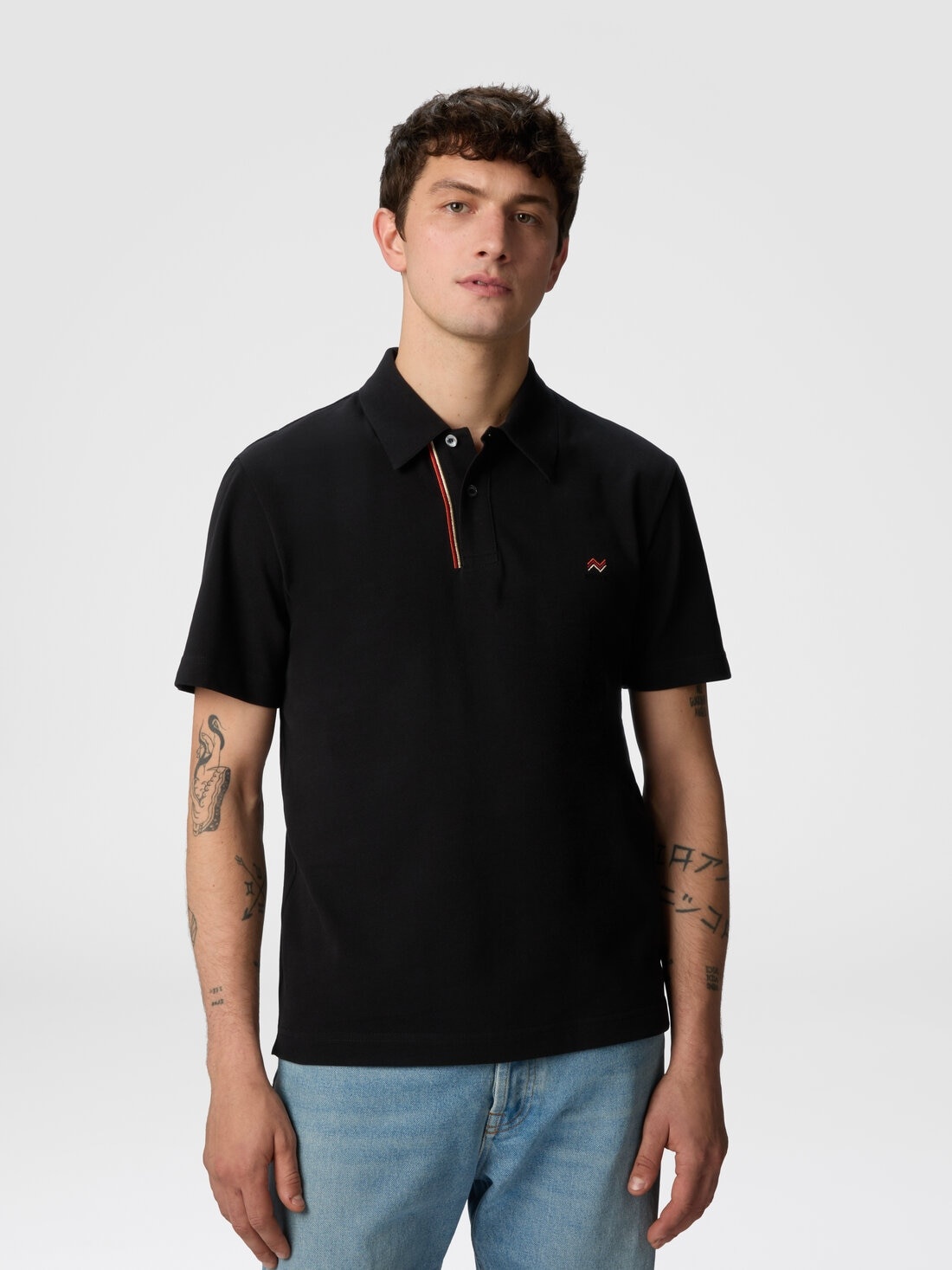 Solid color cotton piqué polo shirt with zigzag embroidery and contrasting detail - 4