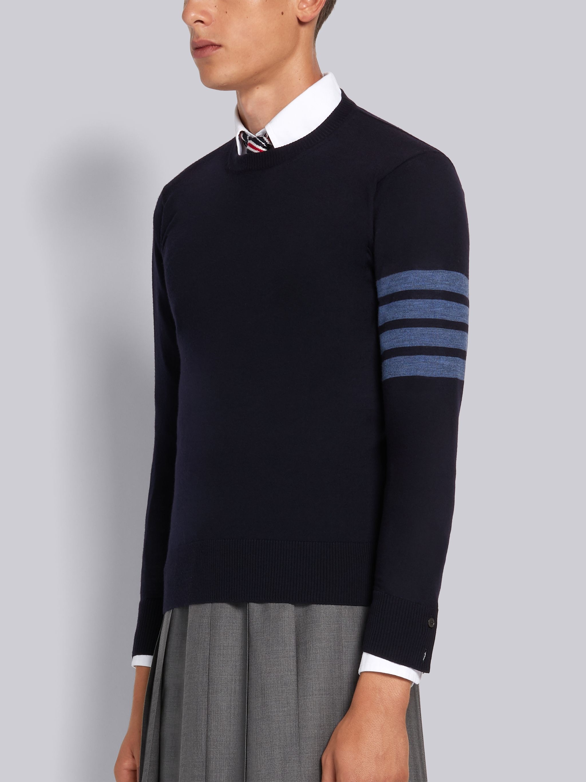 Navy Fine Merino Wool 4-Bar Crewneck Pullover - 2