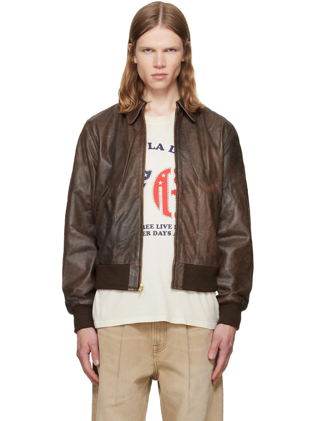 Brown Boyfriend Leather Bomber Jacket - 1