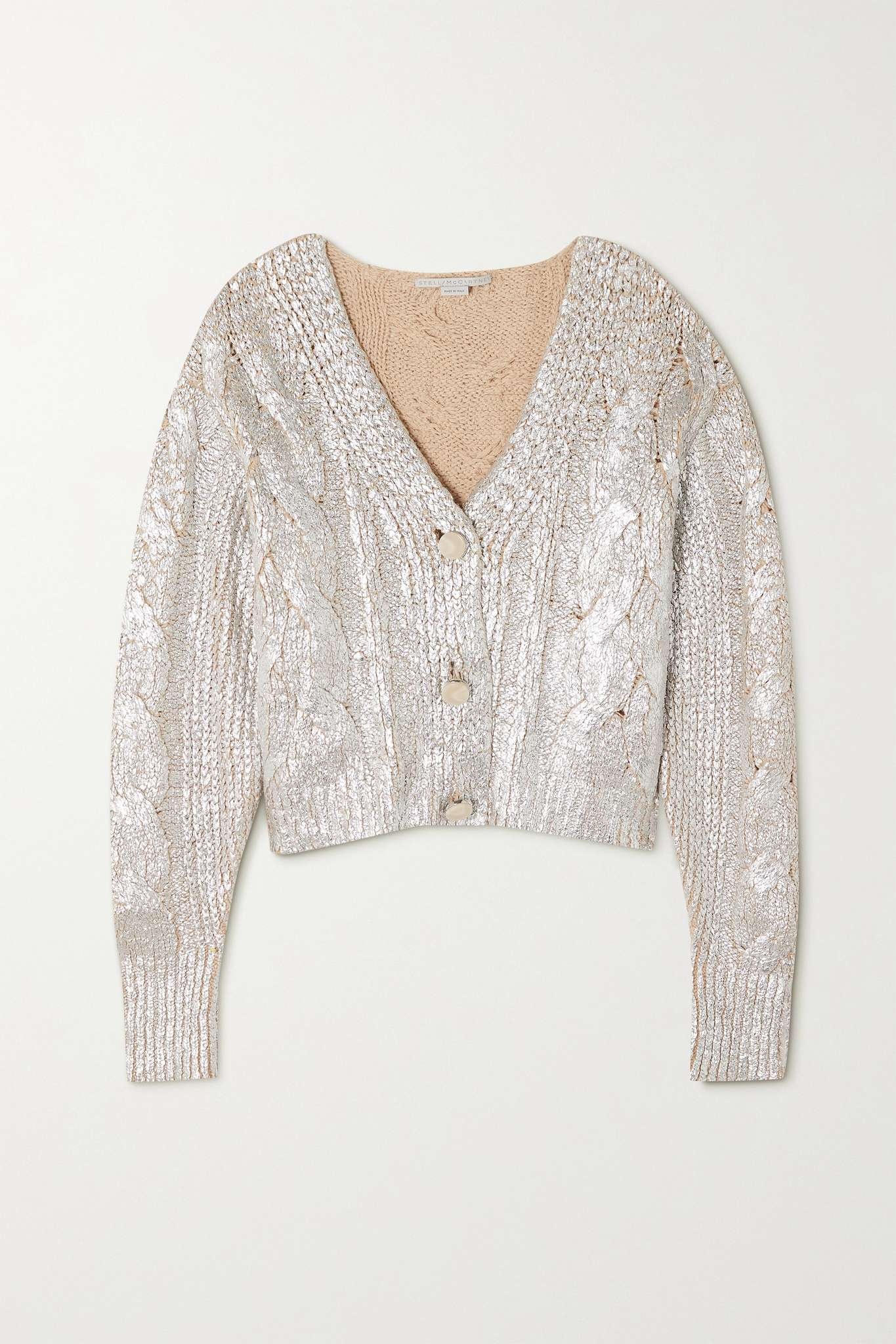 Cropped metallic cable-knit cotton-blend cardigan - 1